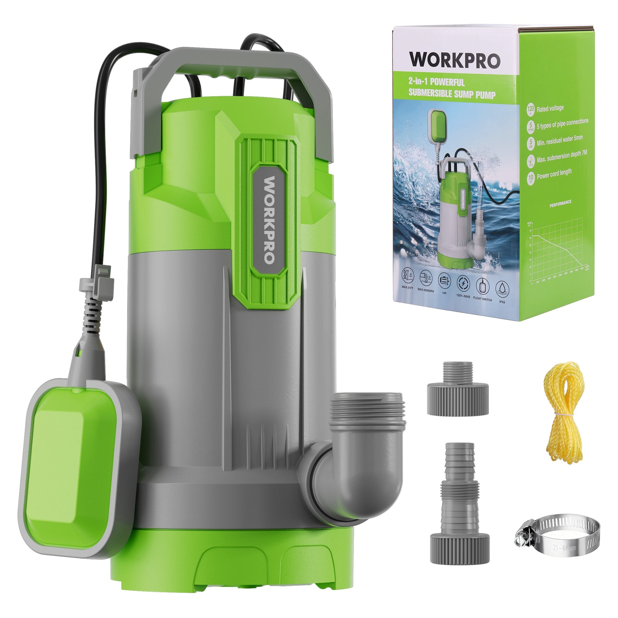 WORKPRO Sump Pump, 1HP 4500 GPH Submersible Water Pump with Automatic Float Switch for Transferring Clean or Dirty Water, A Water Pump for Pool Draining, Flooded Basement, Pond, and Garden Irrigation