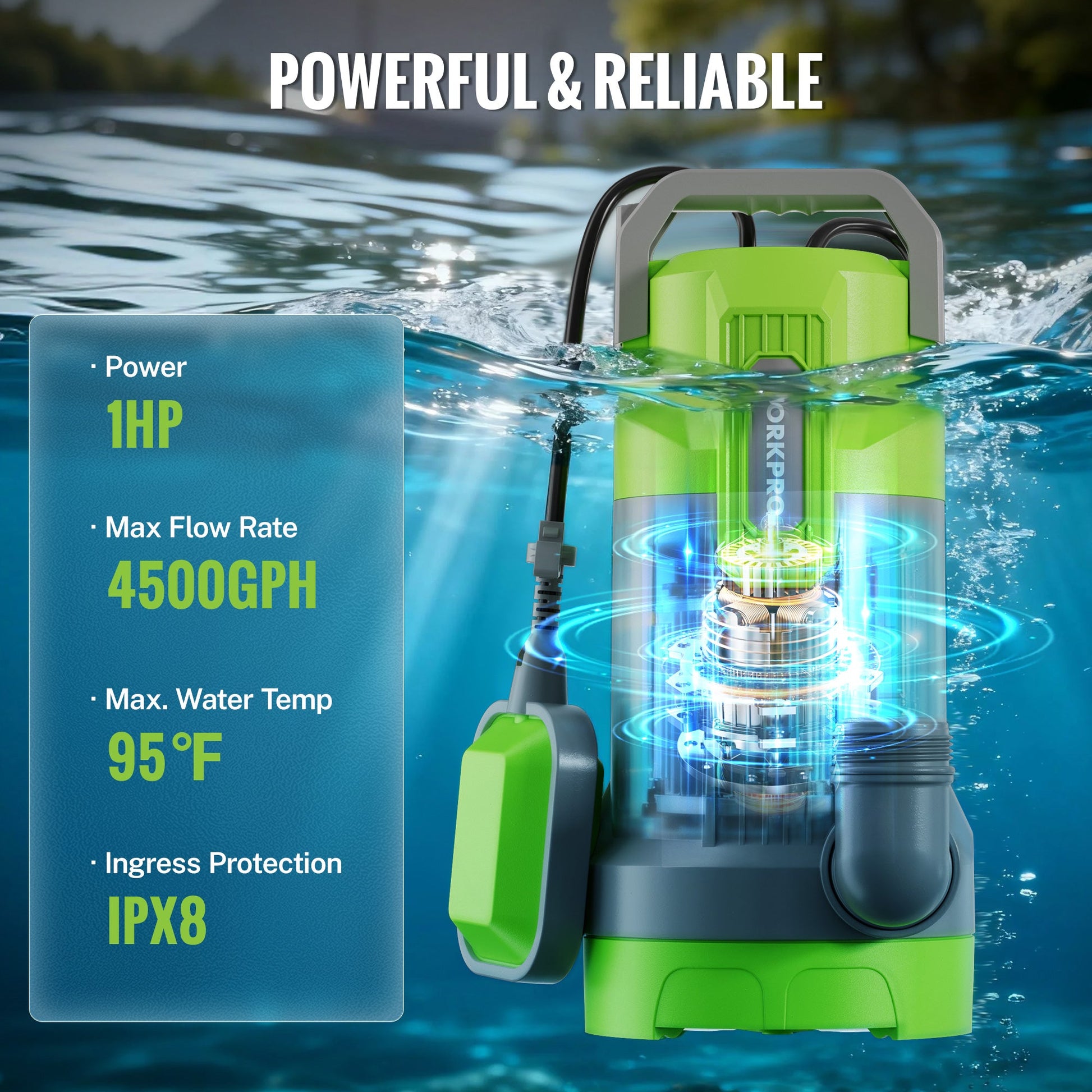 Green and gray submersible pump with power indicator graphic over water