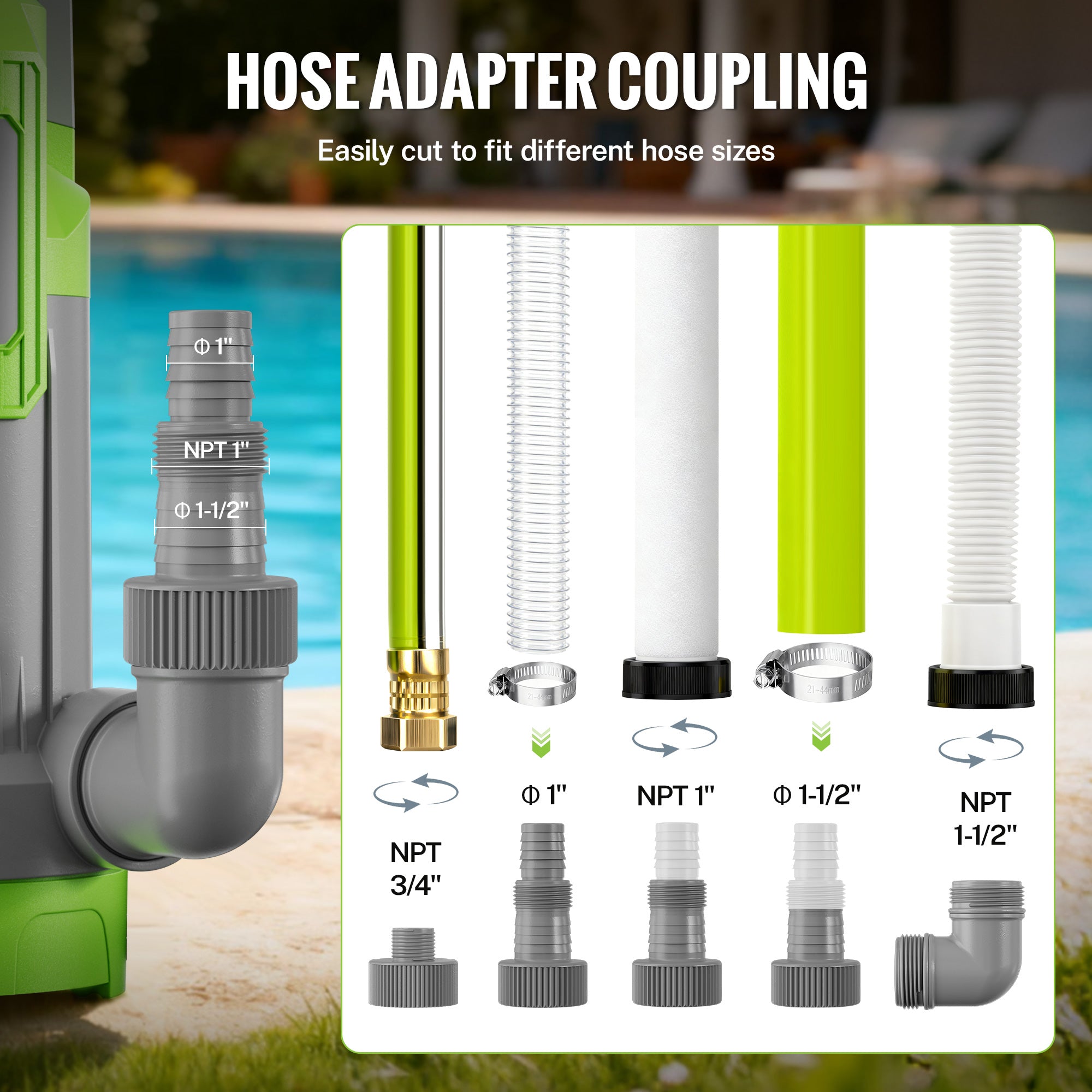 Gray hose adapter couplings and threads set for submersible pump outlet