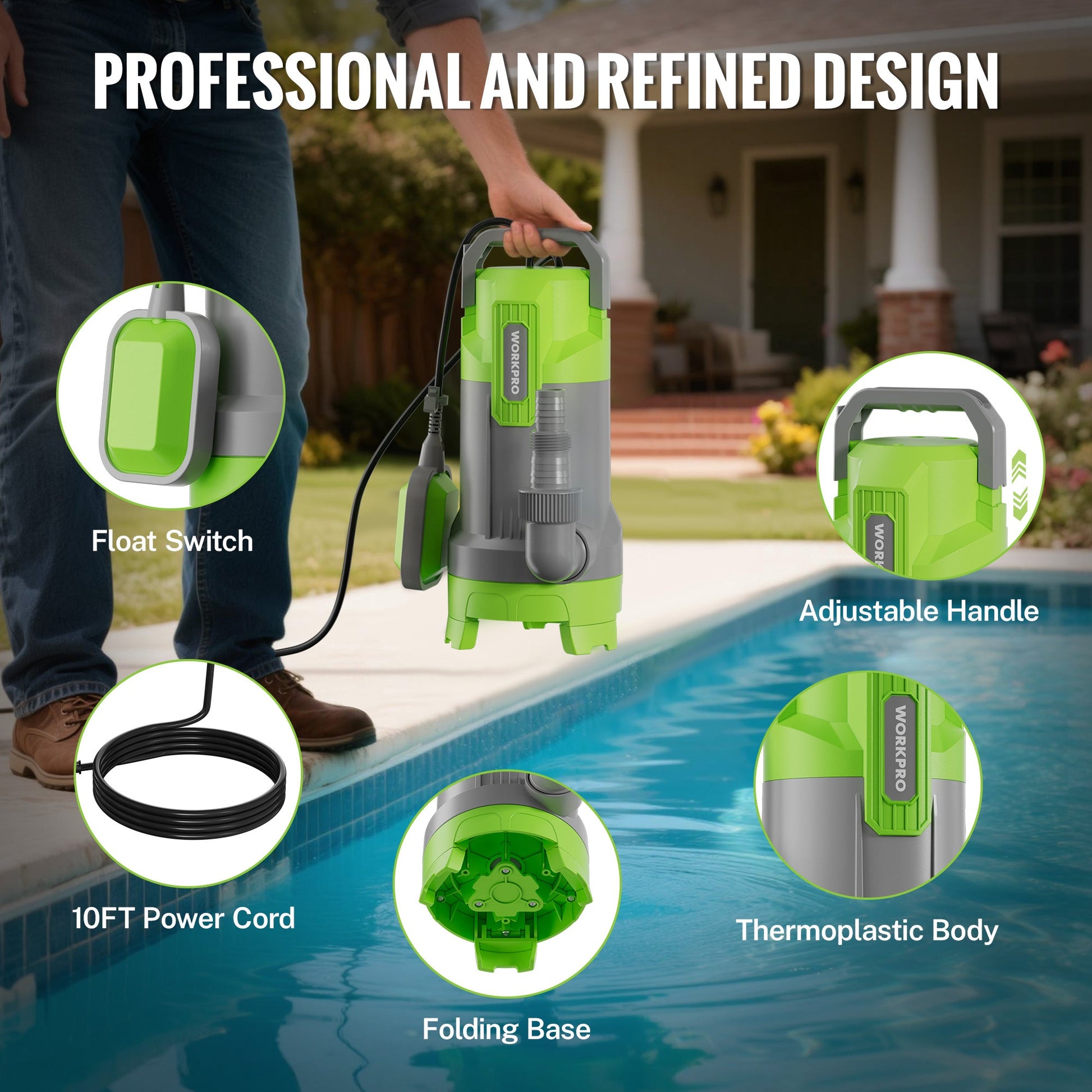 Green submersible pump with float switch and adjustable handle, shown by pool