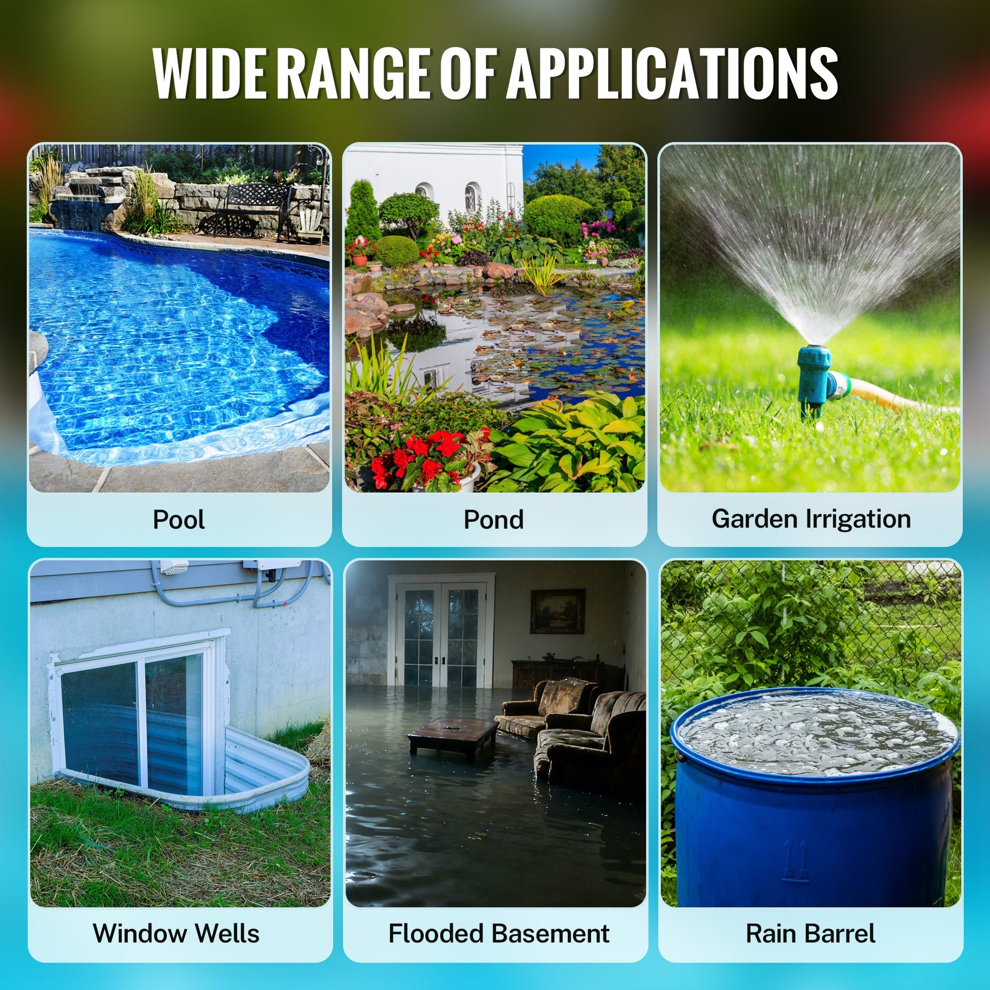 Green submersible pump applications montage: pool, pond, garden irrigation, more