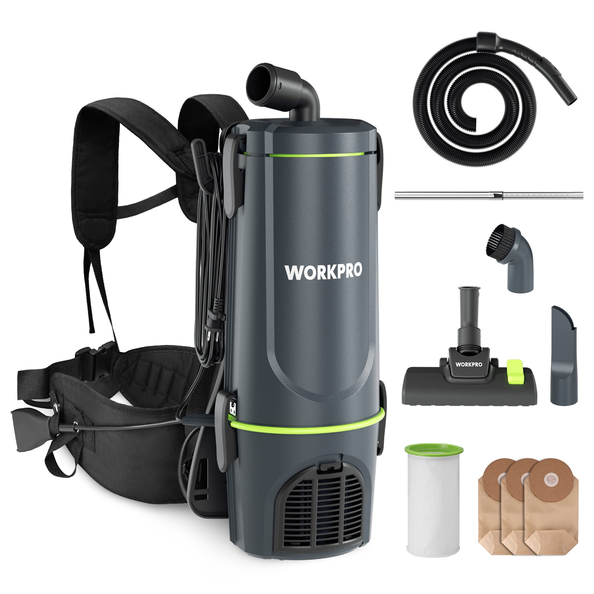 WORKPRO Commercial Backpack Vacuum Cleaner with 1200W motor, innovation and secure durable quality, gray polyester housing