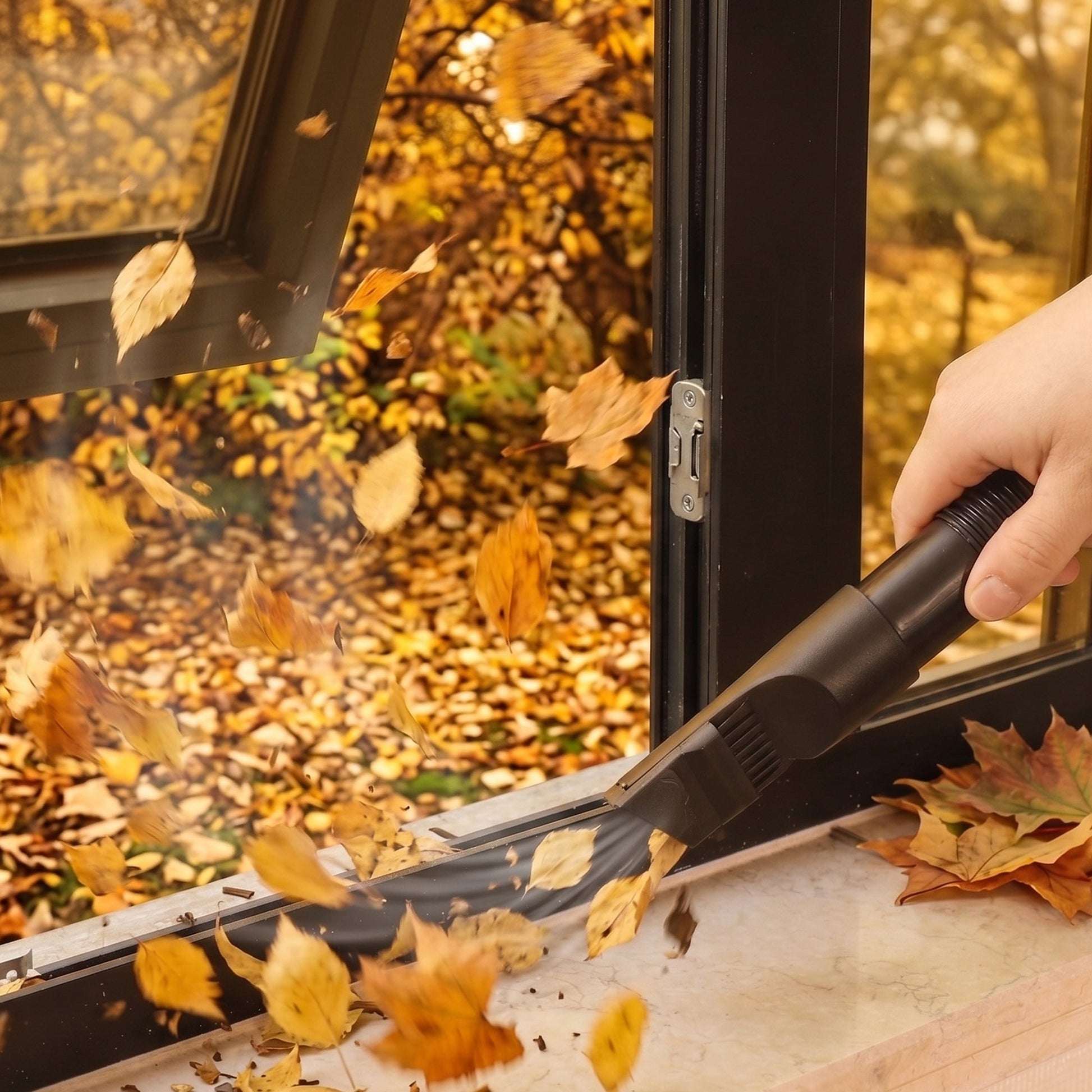 Portable wet/dry vacuum with hose and crevice nozzle used to pick up leaves near a doorway.