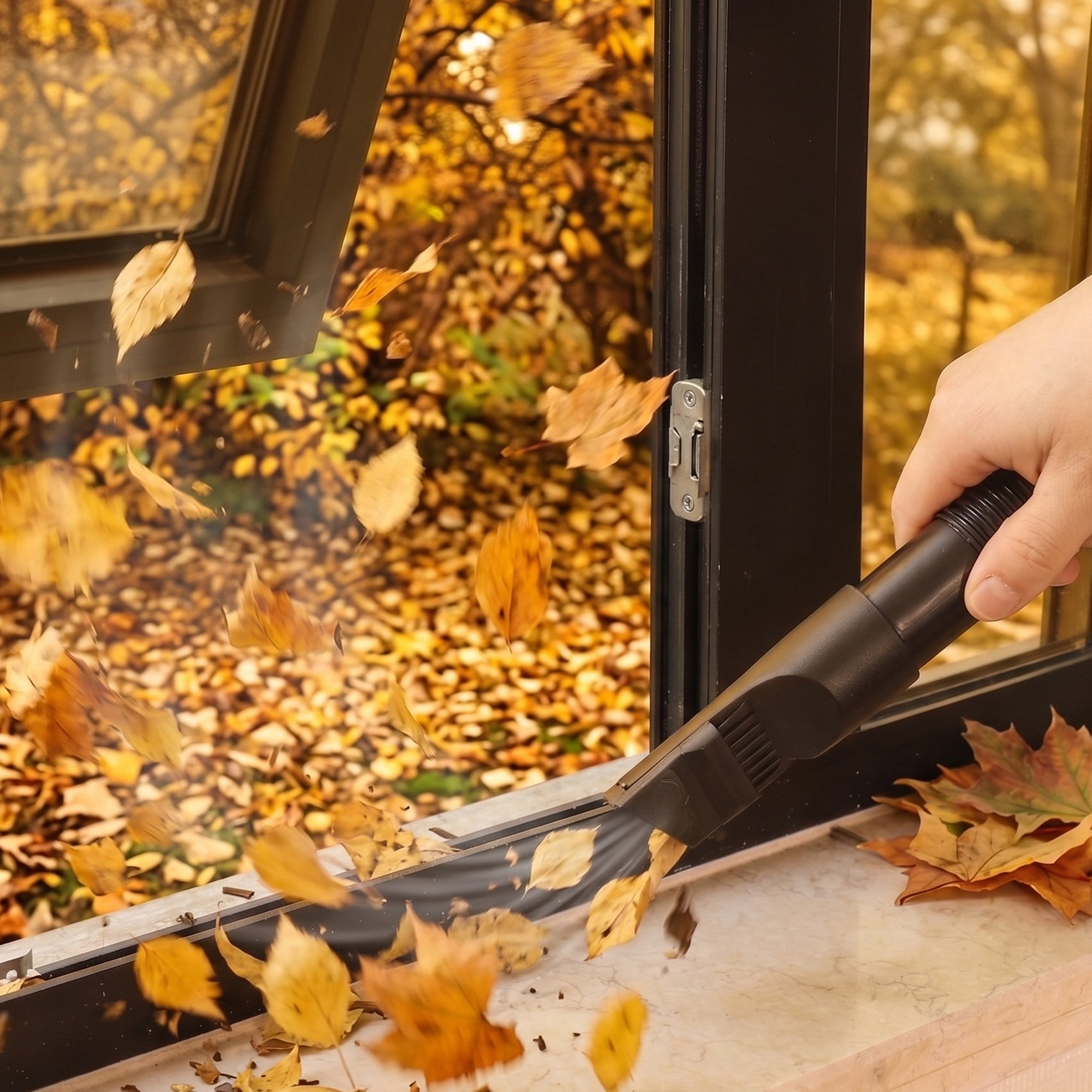 Portable wet/dry vacuum with hose and crevice nozzle used to pick up leaves near a doorway.