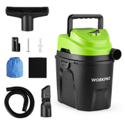 Portable wet/dry shop vacuum with green lid, black tank, and included nozzle attachments.