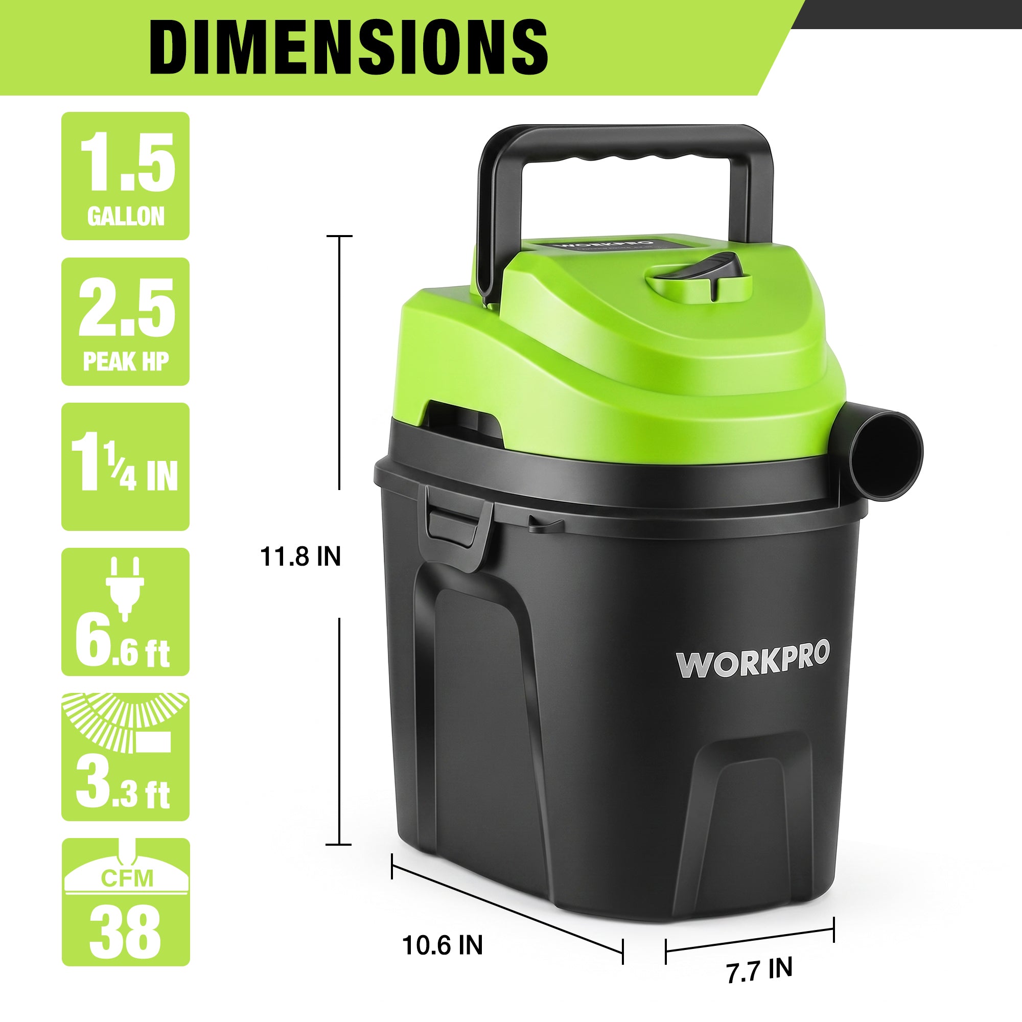 Portable wet/dry vacuum cleaner with green top and black collection tank, shown with dimensions.