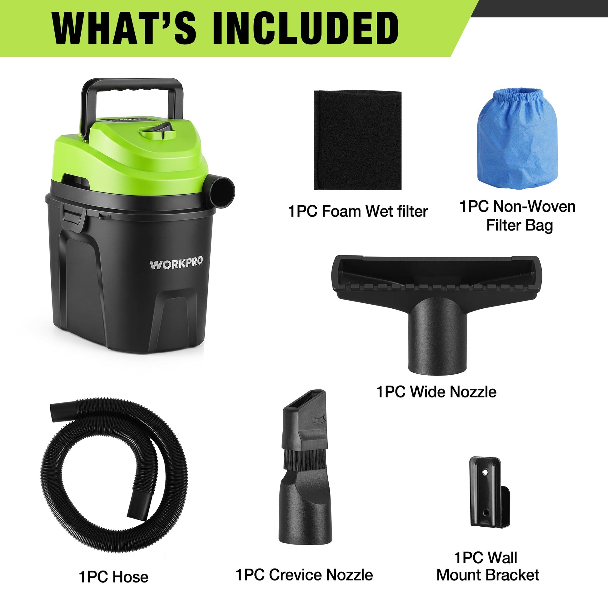 Wet/dry vacuum kit with green top, black tank, hose, nozzles, wall mount, and filter bag.