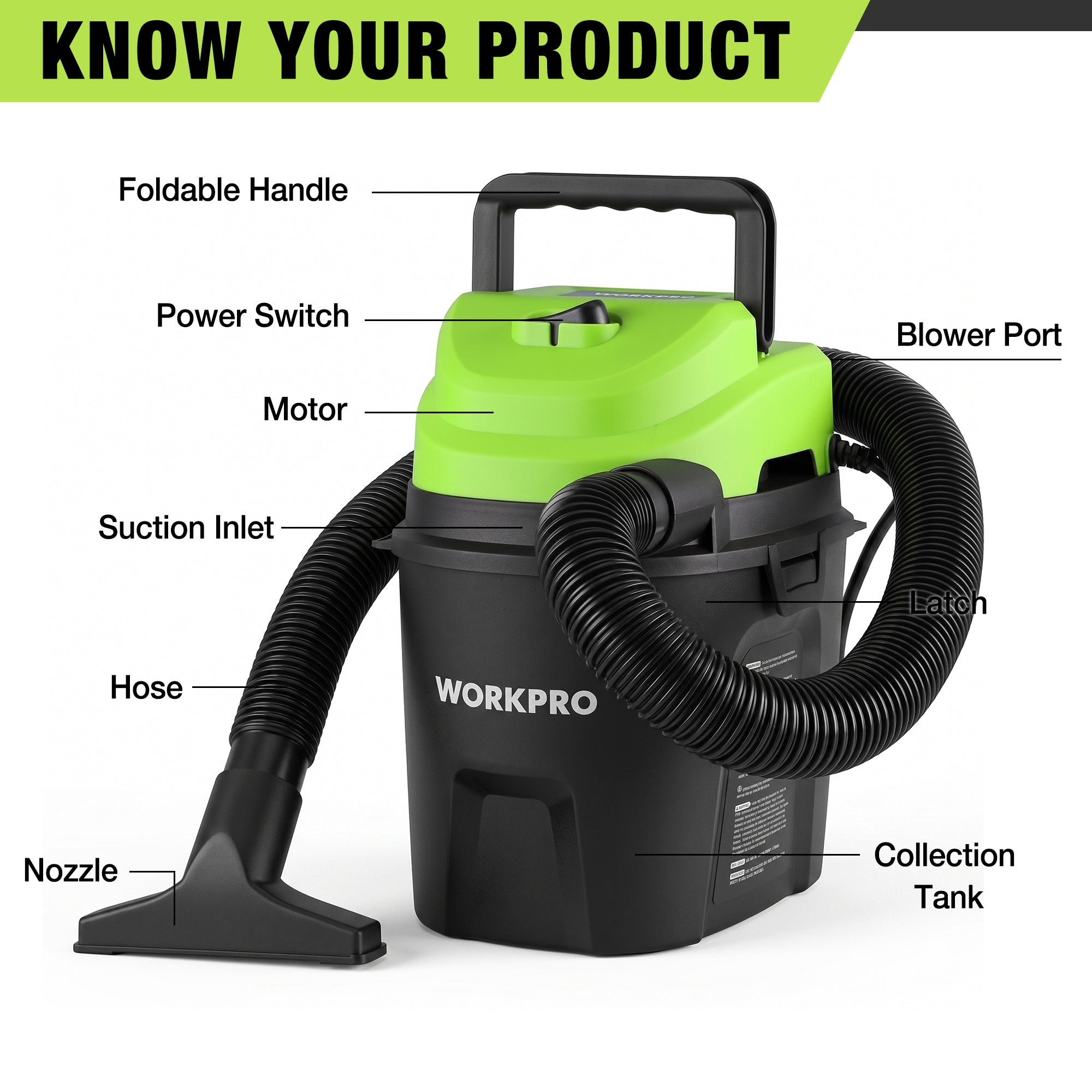 Wet/dry vacuum cleaner with foldable handle, black hose, and green tank lid, labeled parts.
