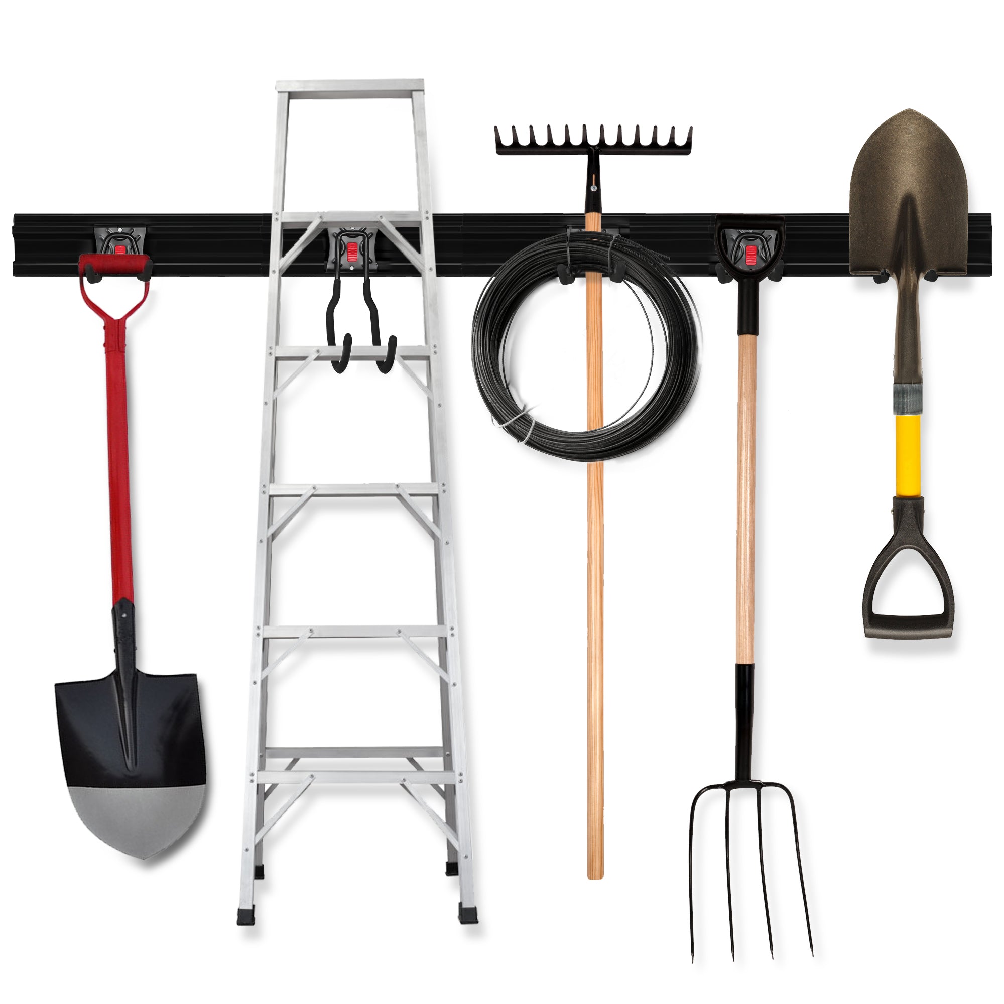 Ladder with garden tools on a black rail, including a rake, shovel, and wire bundle for innovation and quality