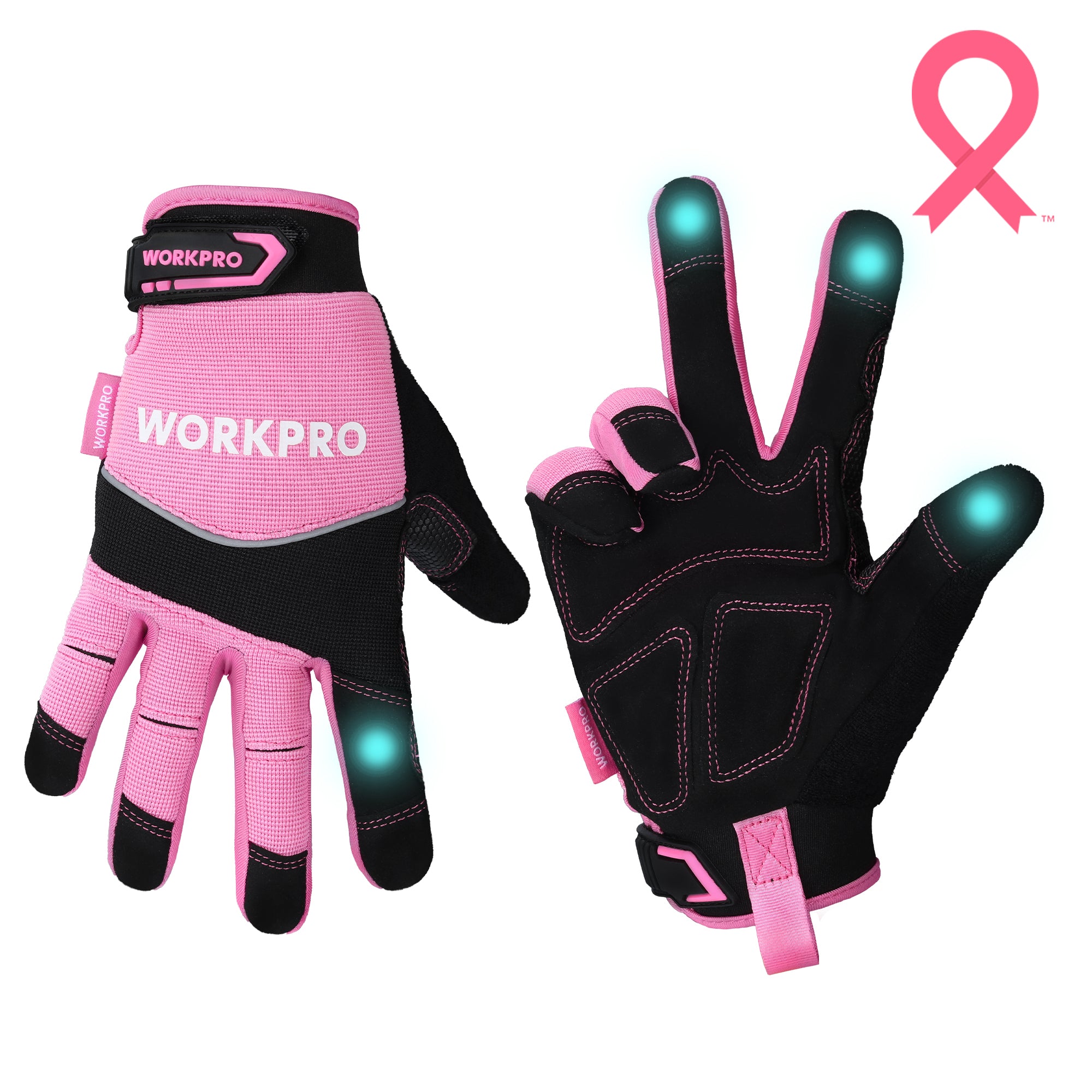 WORKPRO touch screen safety work gloves in pink and black with palm anti-slip SBR coating