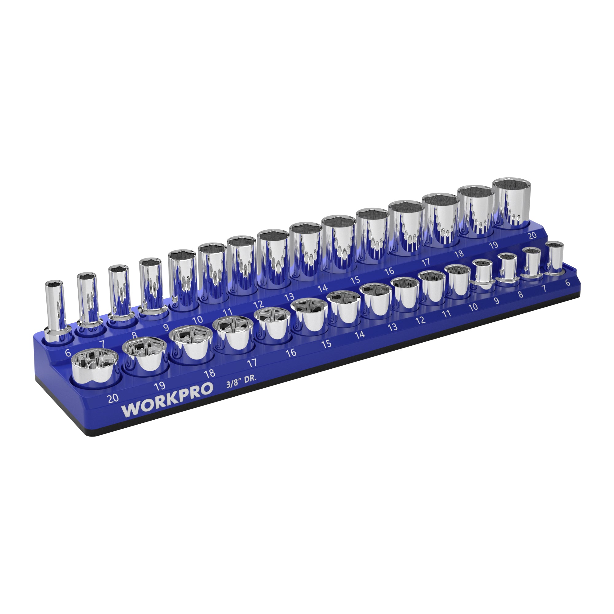 WORKPRO 38 inch magnetic socket organizer tray in blue with innovation, quality, and durable secure storage