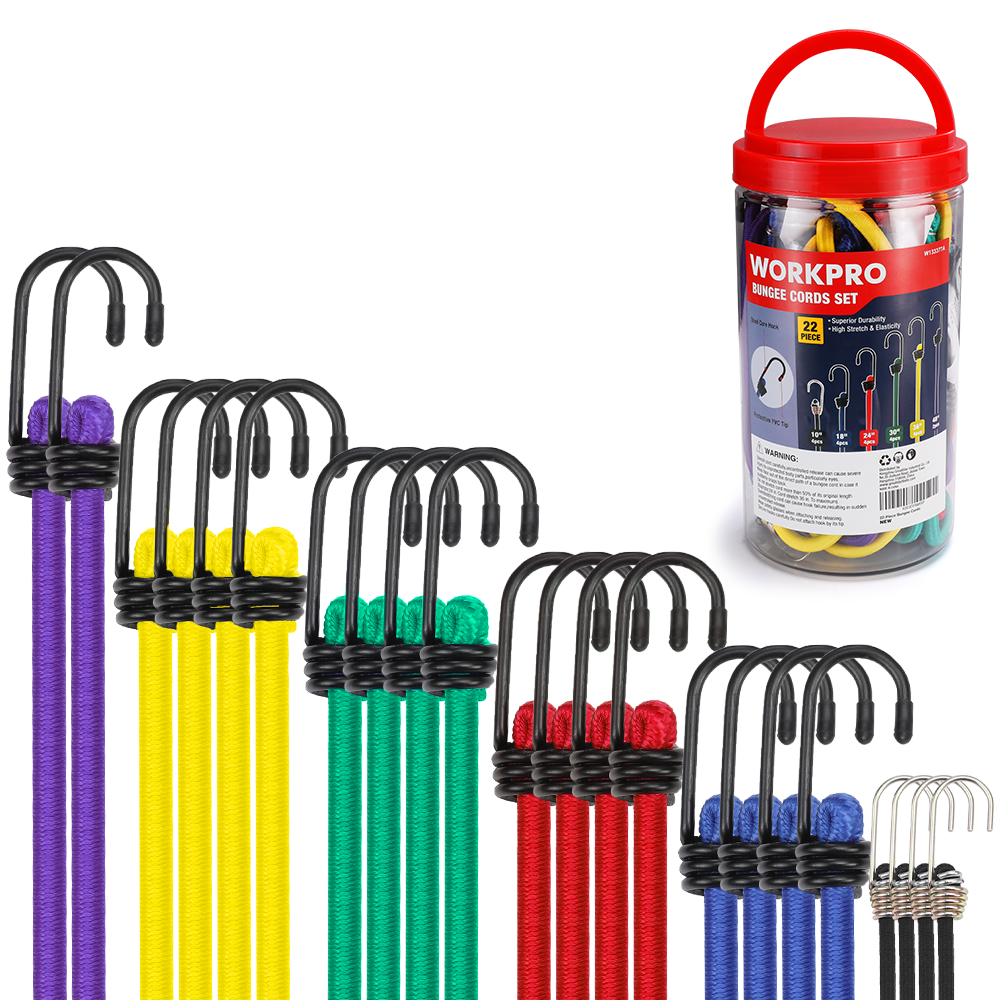 WORKPRO bungee cords set with hooks in a storage jar, innovation quality high-quality durable secure convenient