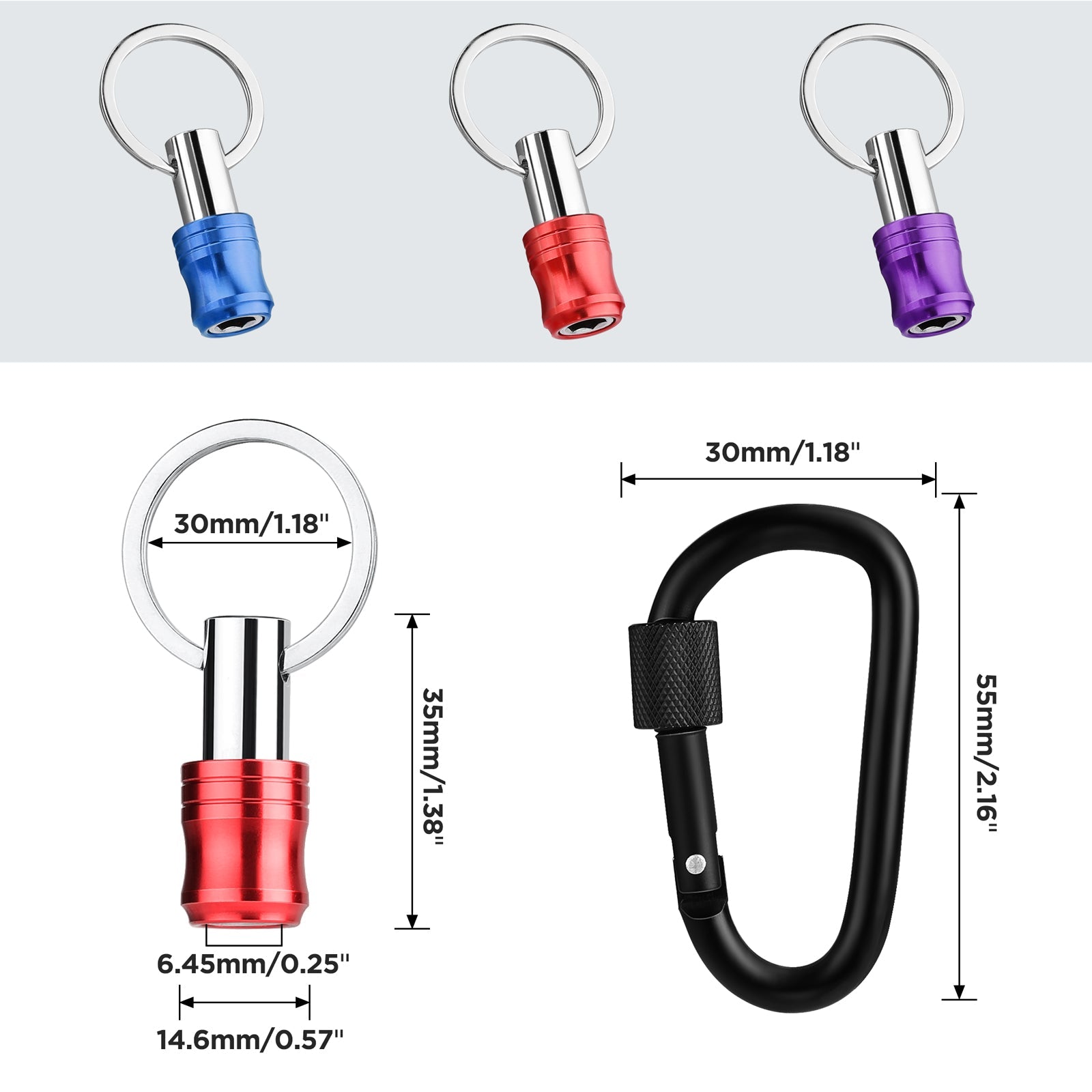 3pc hex bit holder keychain set with blue, red, and purple anodized caps on silver rings