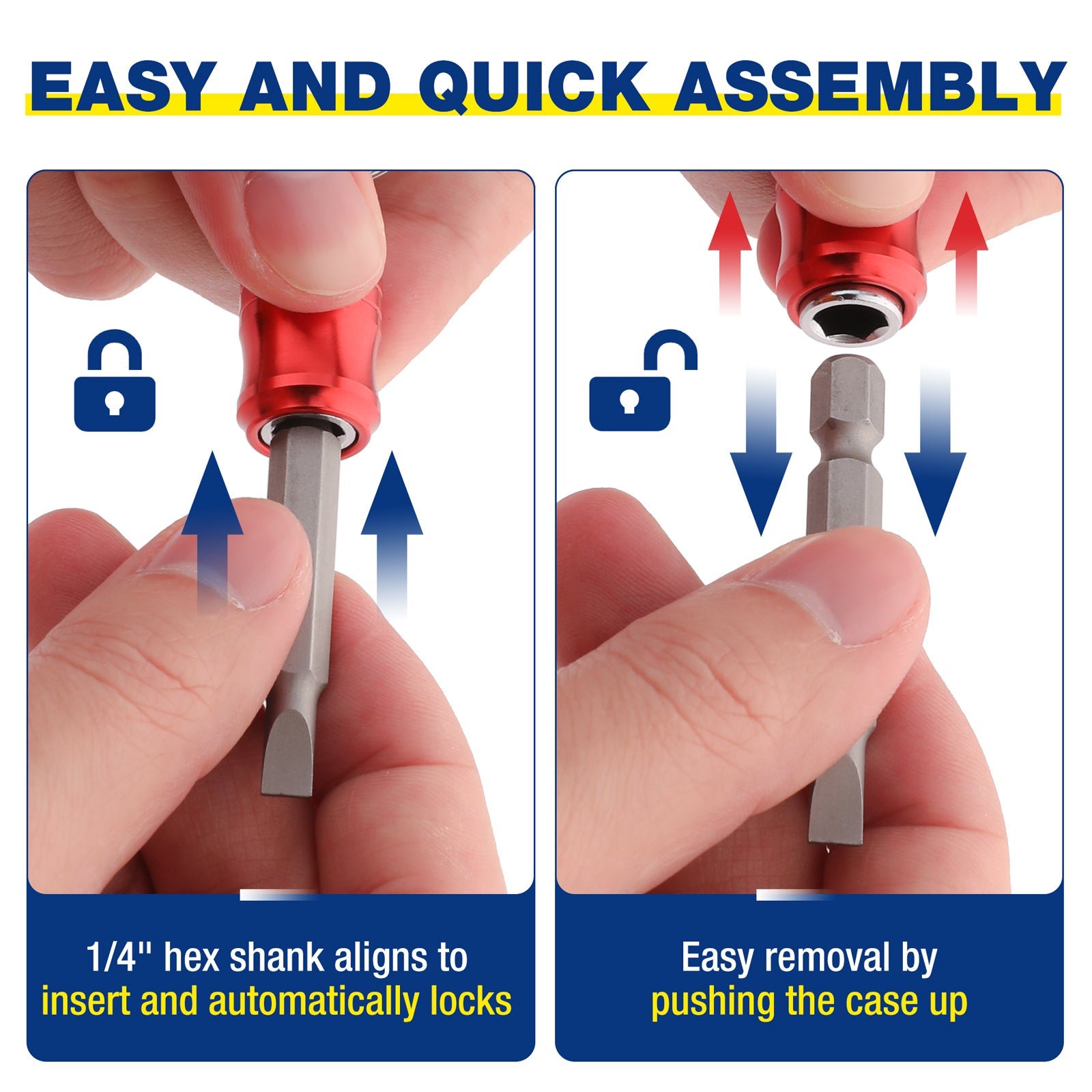 1/4in hex shank bit holder demonstrating quick insert and automatic lock