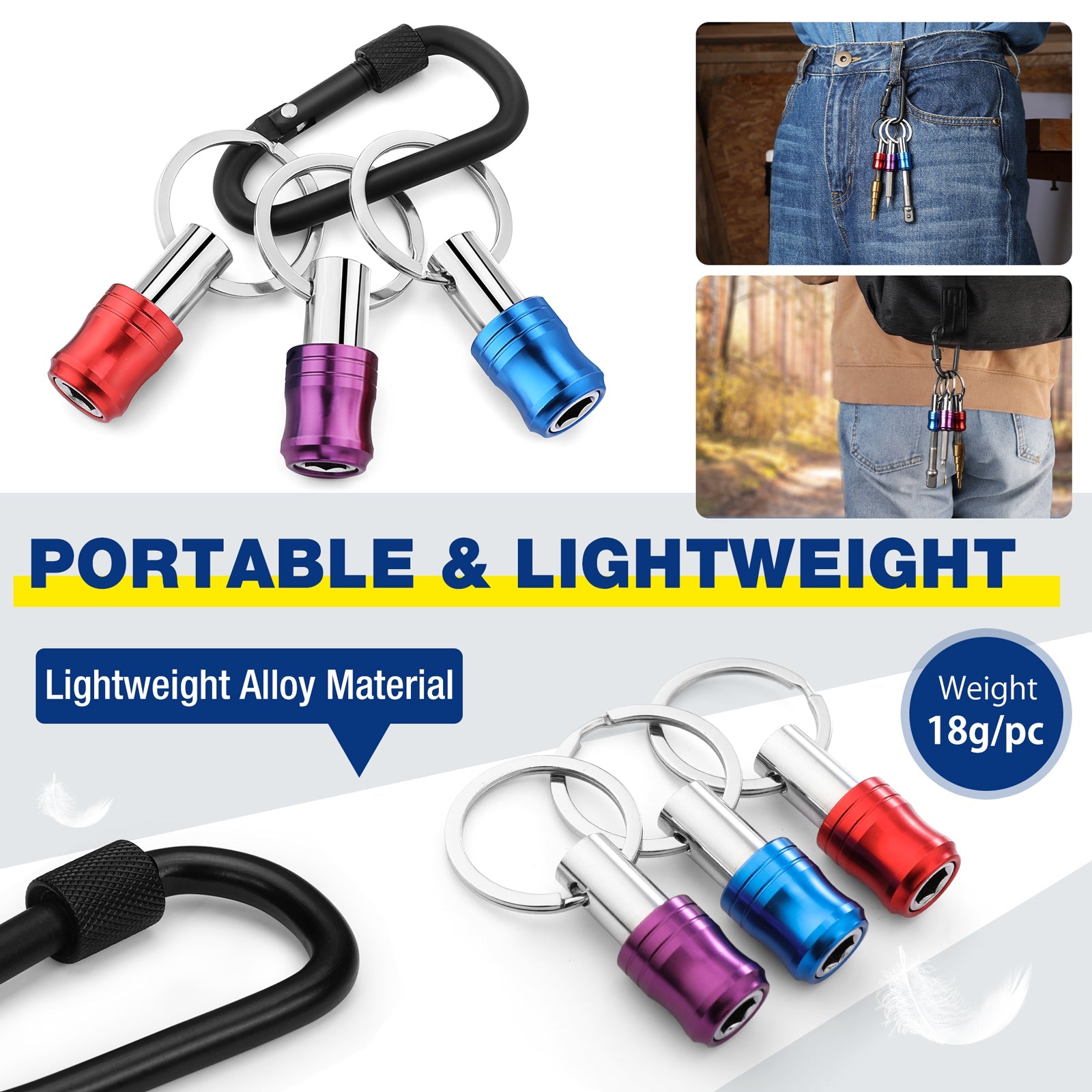 Portable 1/4in hex shank bit holder keychain set with black loop and red, purple, blue caps