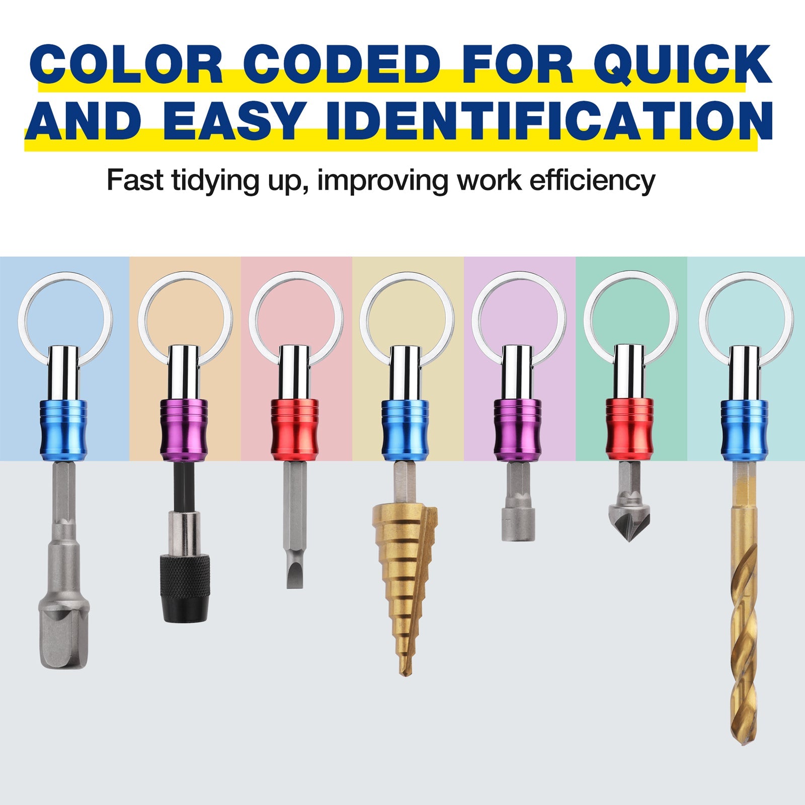 Color-coded hex shank bit holder set with key rings and steel bits in red, blue, purple