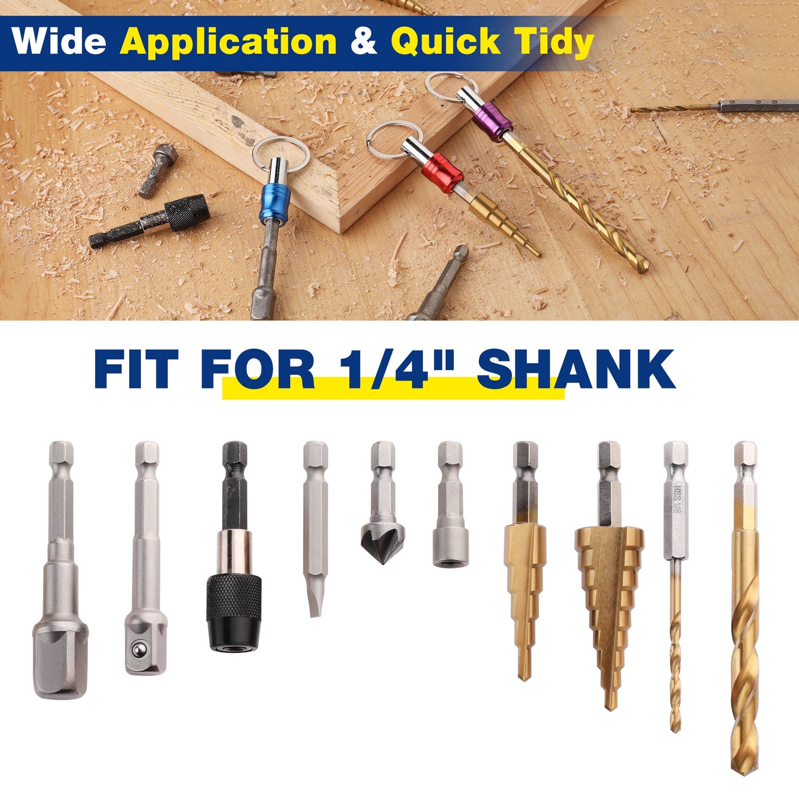 1/4in shank bit holder organizer with multiple hex shank bits and colored metal caps