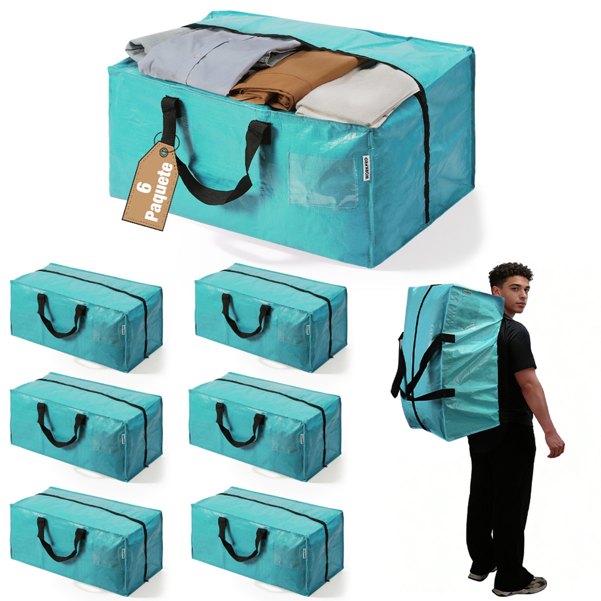 WORKPRO 6 Pack Extra Large Heavy-Duty Storage Moving Tote Bags with Zippers & Carrying Handles Backpack Straps, Blue