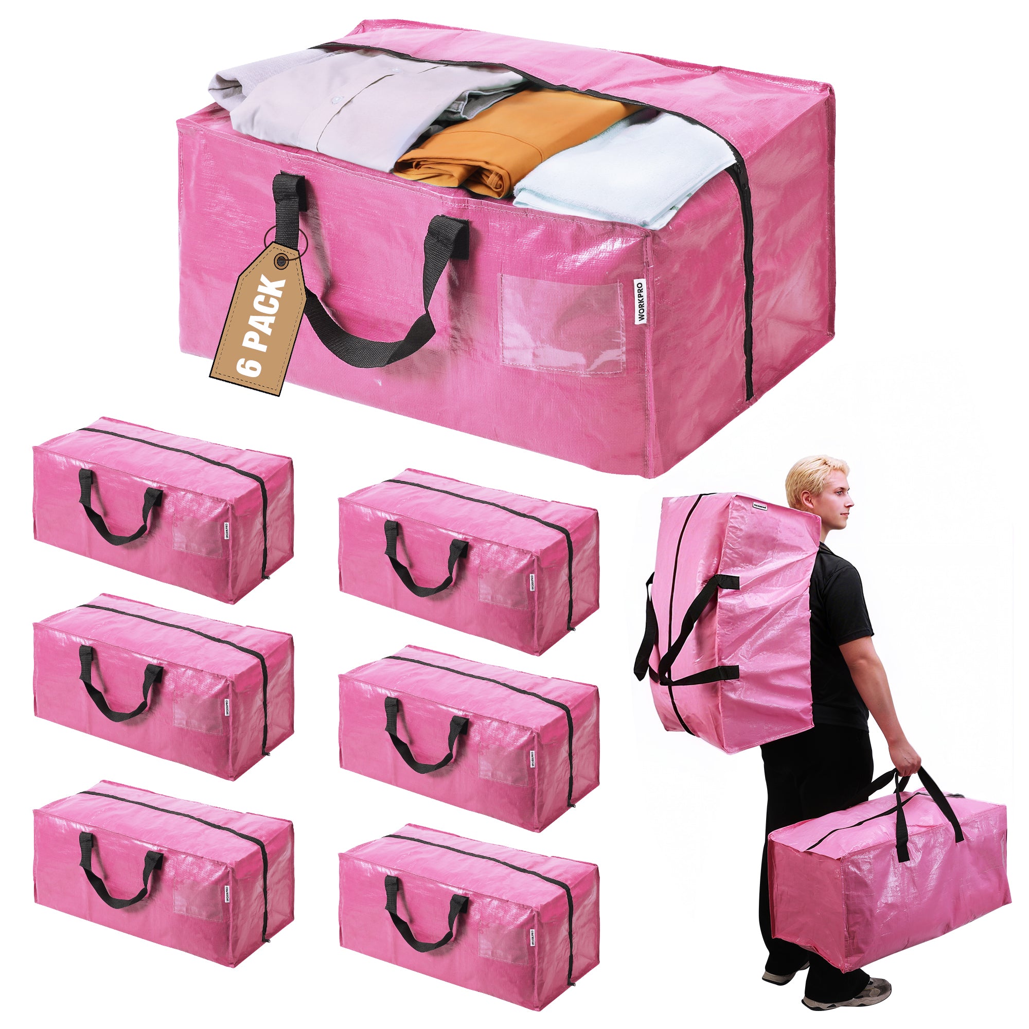 WORKPRO 6 Pack Extra Large Heavy-Duty Storage Moving Tote Bags with Zippers & Carrying Handles Backpack Straps - Pink Ribbon