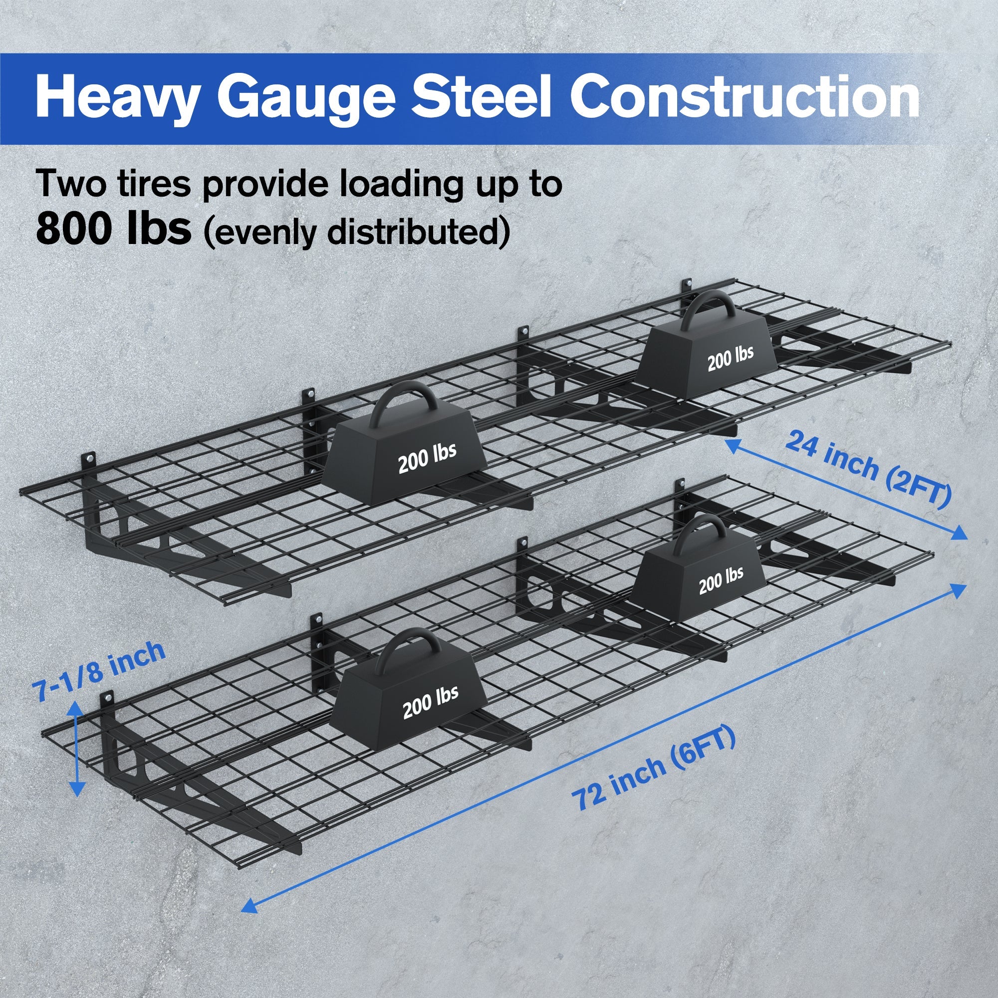 Black steel wire storage shelf frame with two tiers and mounting end brackets