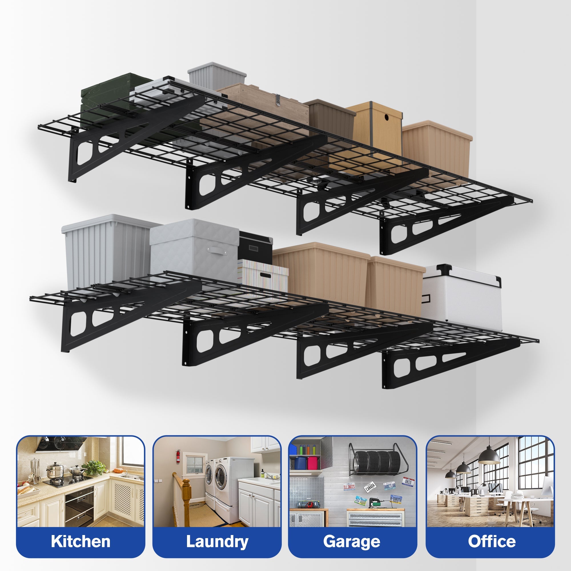 Black metal 2-tier wire storage shelf set with stacked platforms and end frames