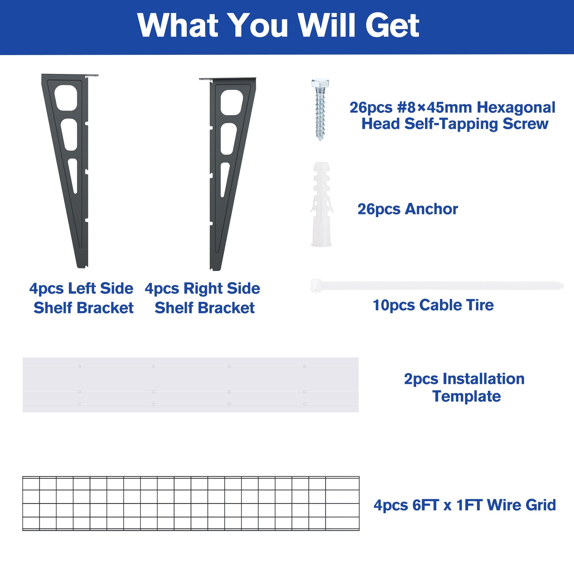 Shelf hardware kit with left and right brackets, anchors, screws, and wire grid