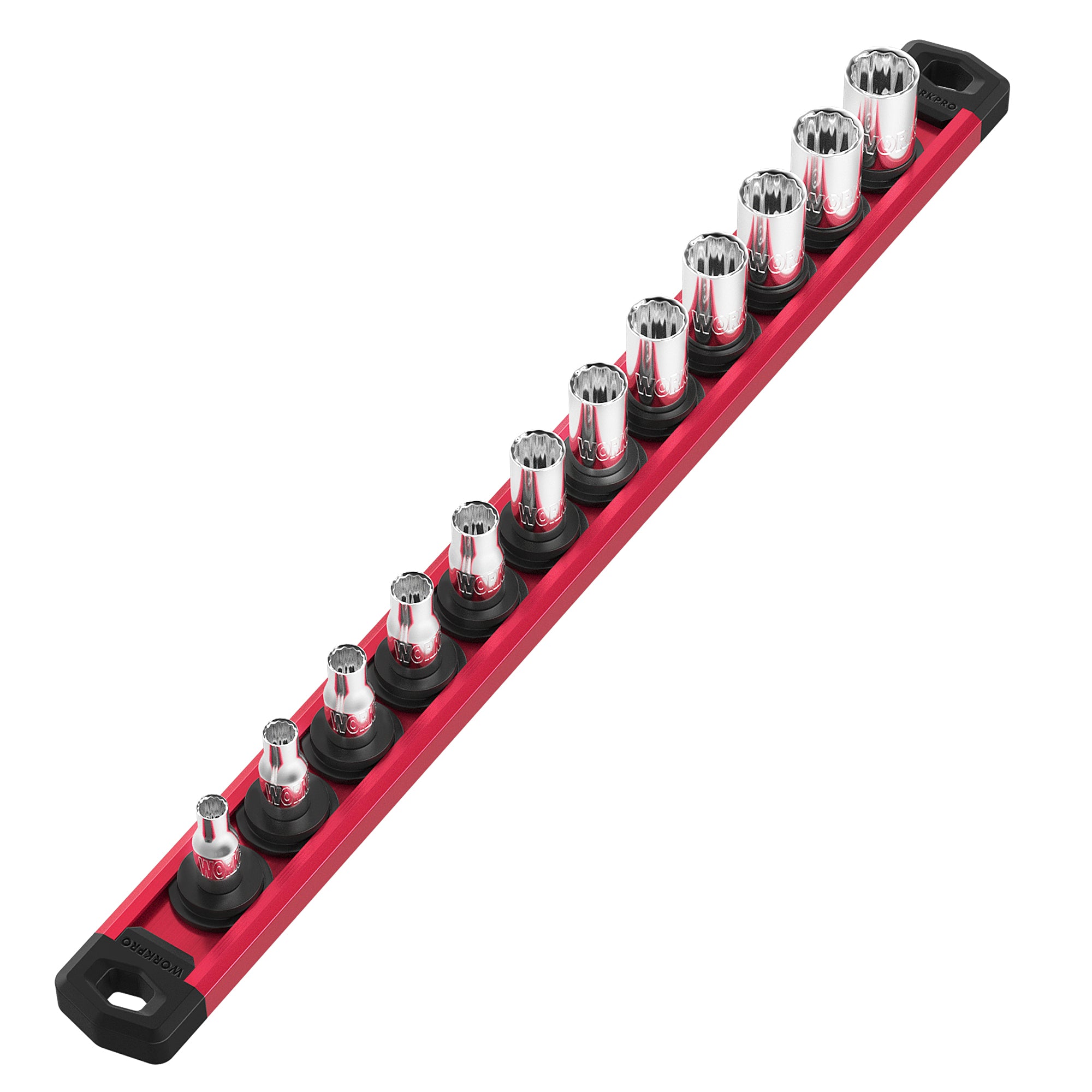 WORKPRO Magnetic Socket Organizer, 1/4-Inch Drive Aluminum Alloy Socket Rail, Heavy Duty Socket Holder, Socket Rack Kit 1/4-Inch x 12 Clips (Red)