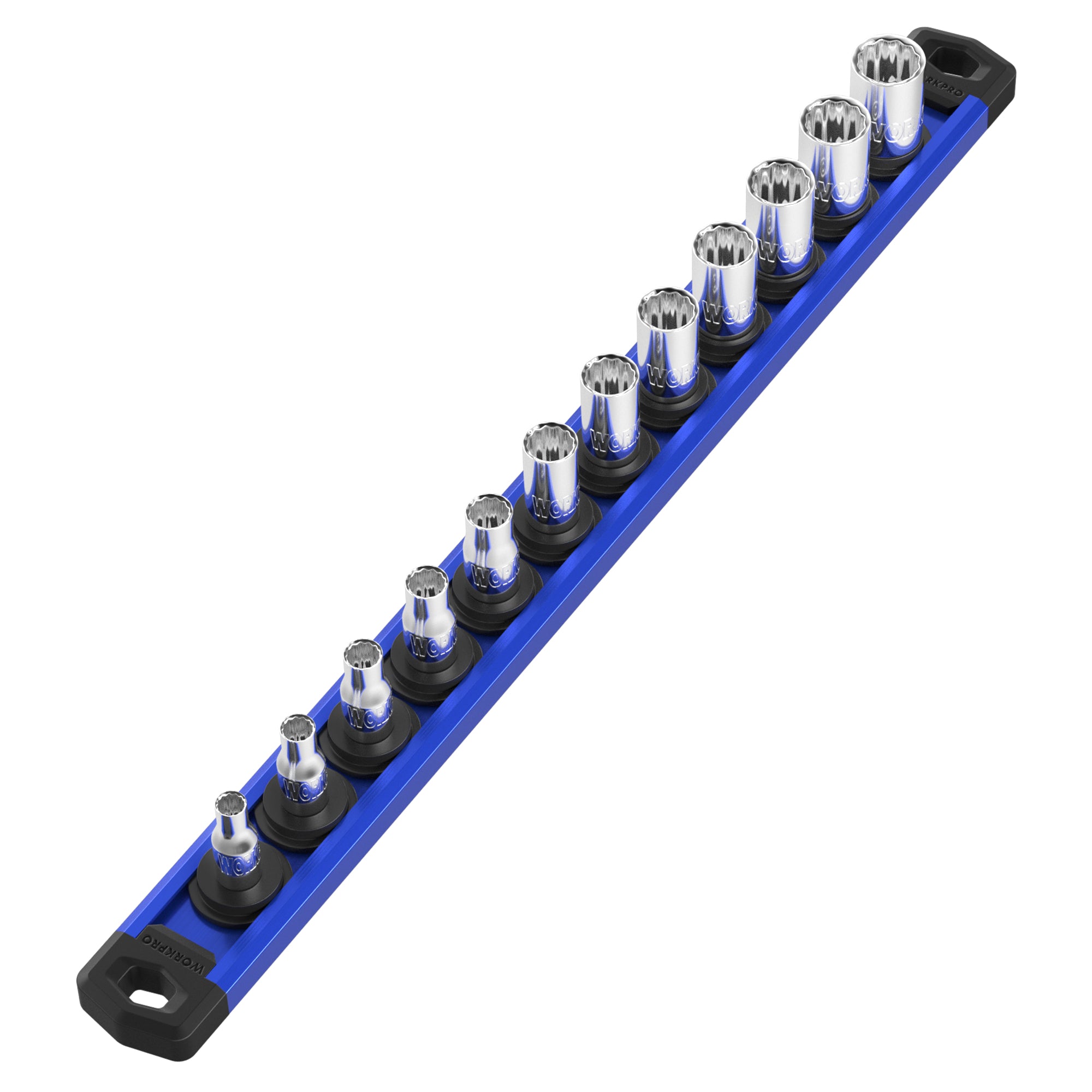 WORKPRO Magnetic Socket Organizer, 1/4-Inch Drive Aluminum Alloy Sockets Rail, Heavy Duty Sockets Holder, Socket Rack Kit 1/4-Inch x 12 Clips (Blue)