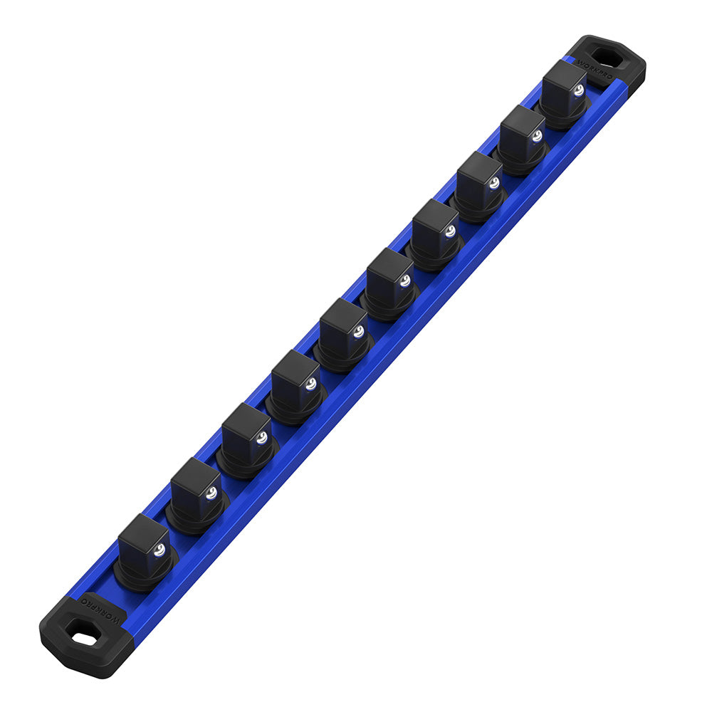 WORKPRO Magnetic Socket Organizer, 3/8-Inch Drive Aluminum Alloy Socket Rail, Heavy Duty Socket Holder, Socket Rack Kit 3/8-Inch x 10 Clips (Blue)