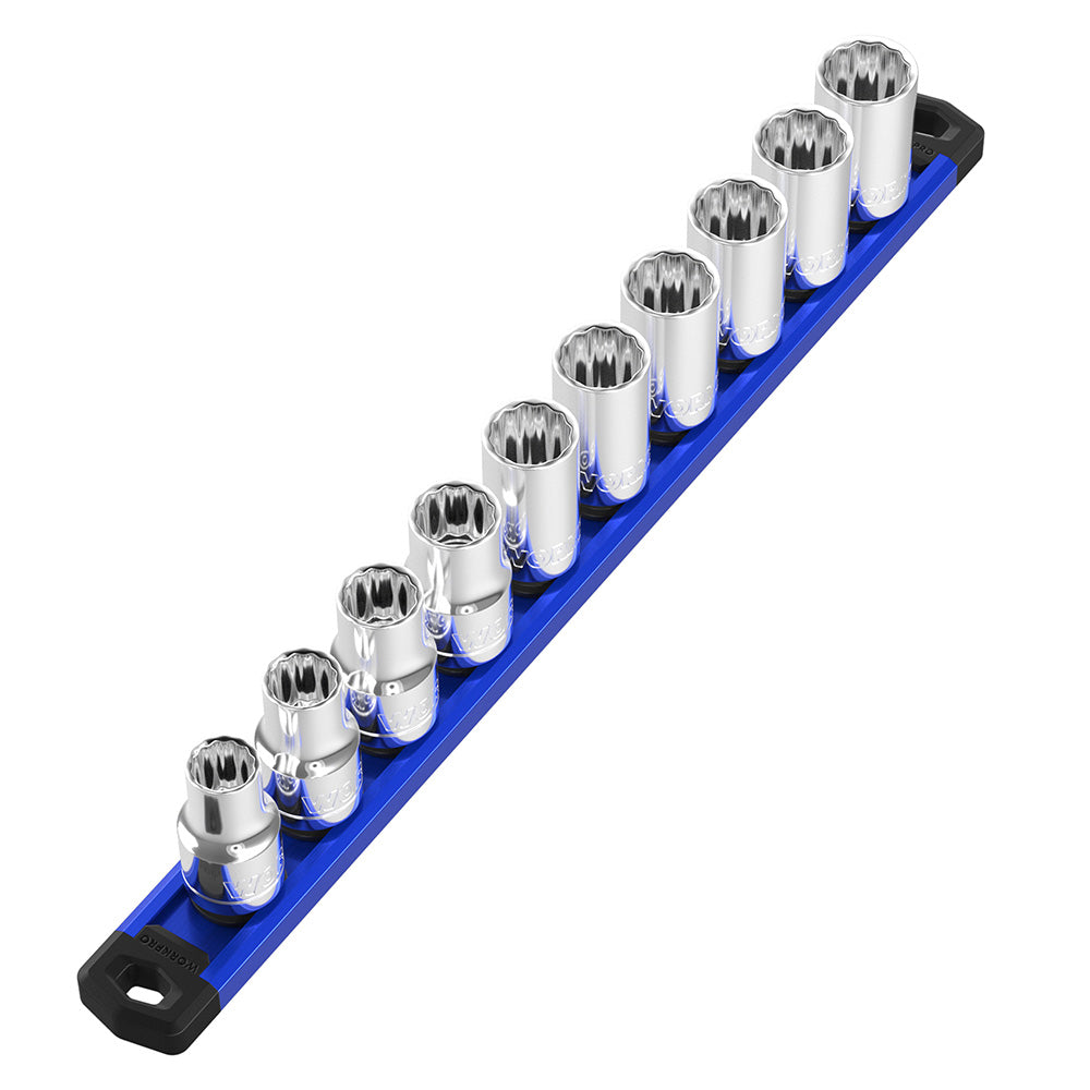 WORKPRO Magnetic Socket Organizer 38-inch drive socket rail kit with 10 clips, durable secure innovation