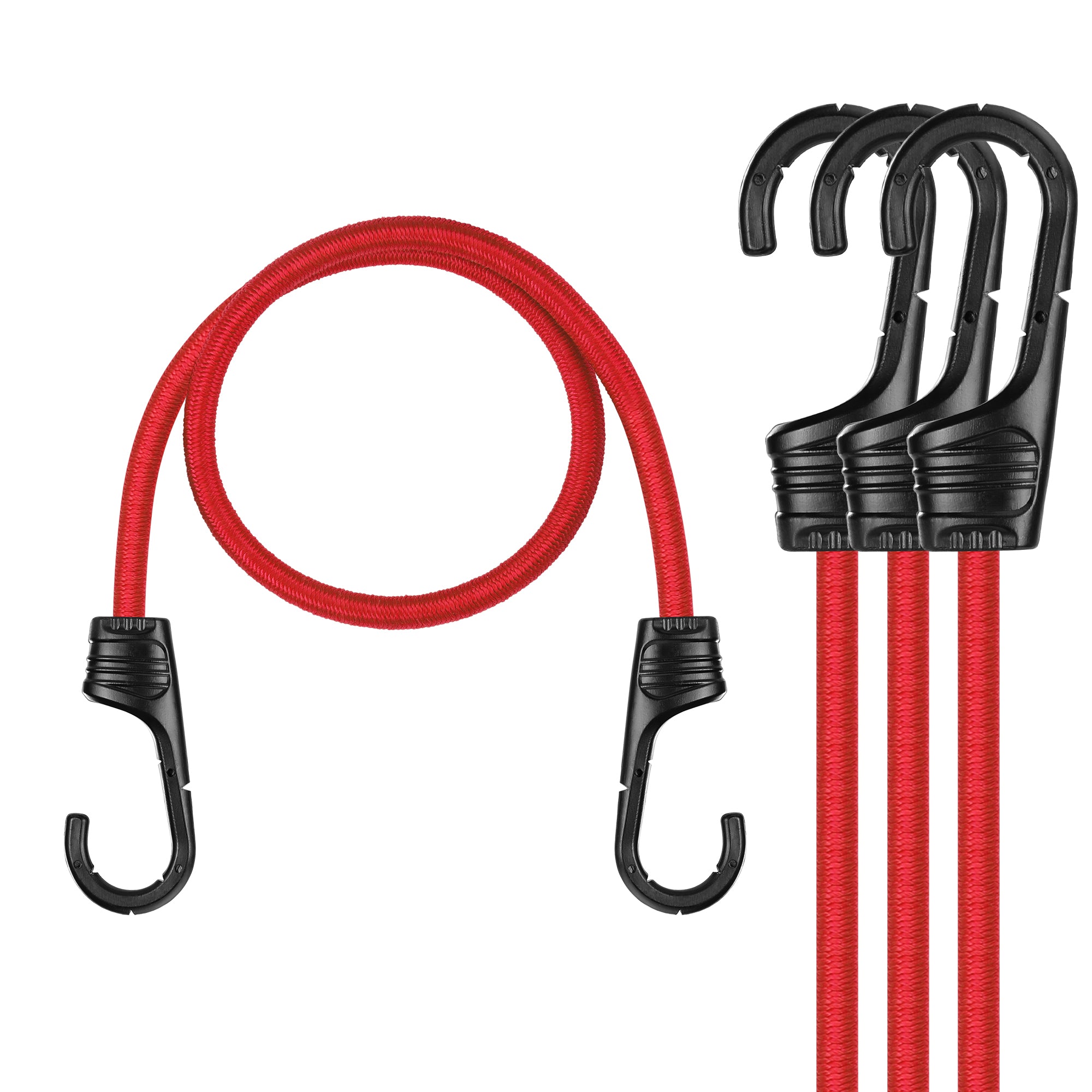 WORKPRO 24 inch bungee cords with hooks, red rubber straps and secure black plastic coated hooks