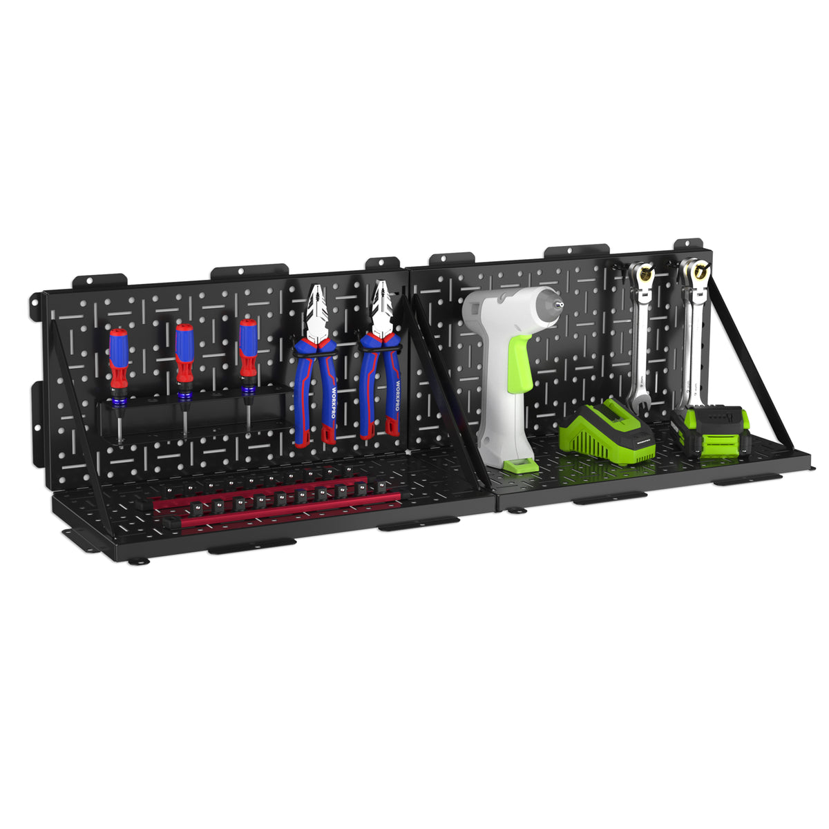 WORKPRO 16”x 16” Metal Peg Board, Foldable Black Pegboard for Wall Organization, Steel Panel with Round Holes & Vertical Slots, Ideal Tool Organizer in Office and Craft Room, 2 Pack