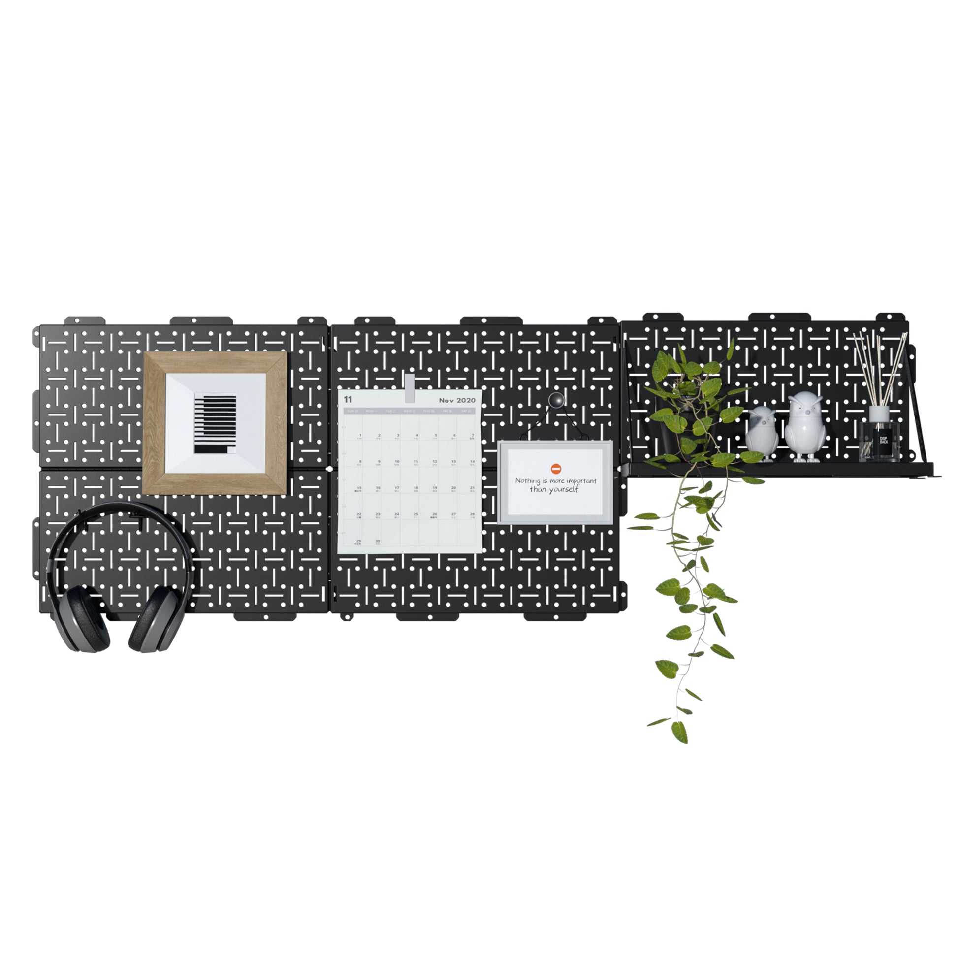 Modular desk organizer with circuit pattern background, calendar, framed quote, headphones, and potted plants