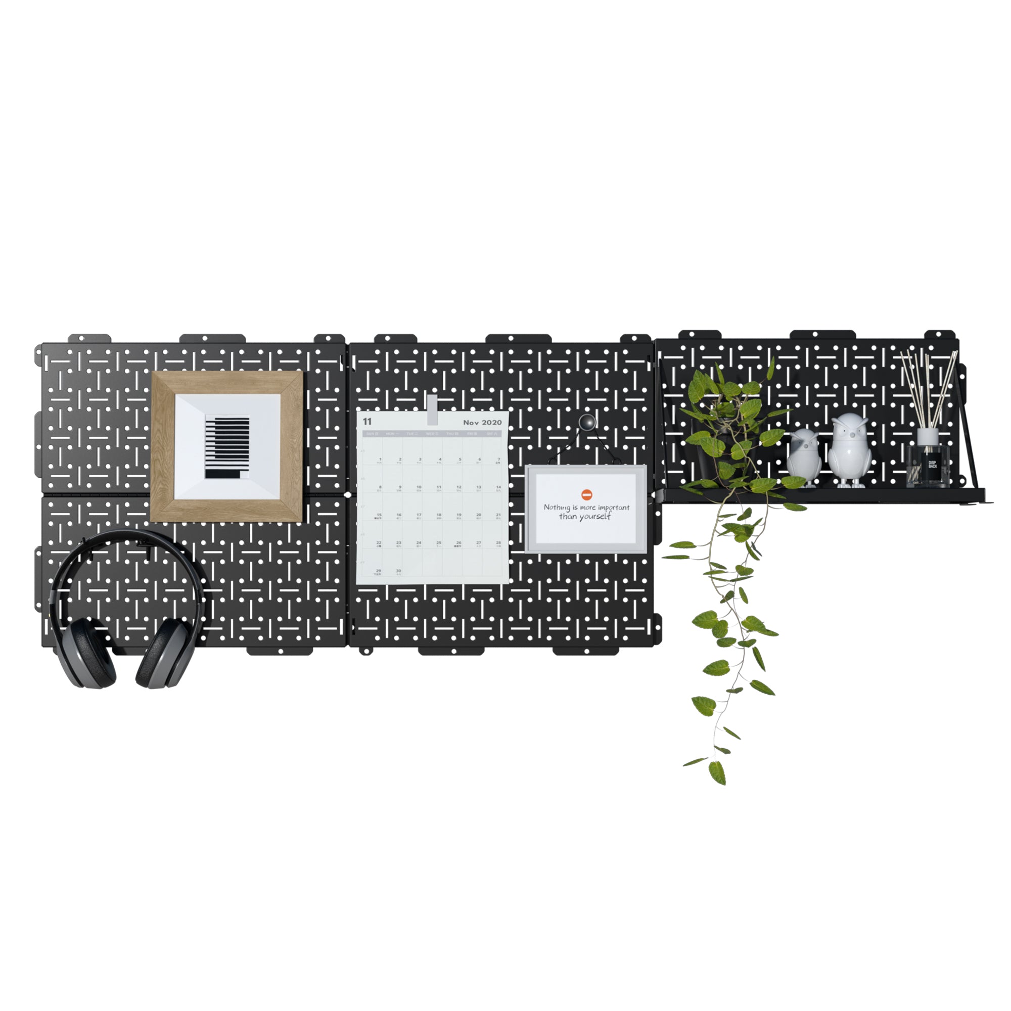 Modular desk organizer with circuit pattern background, calendar, framed quote, headphones, and potted plants