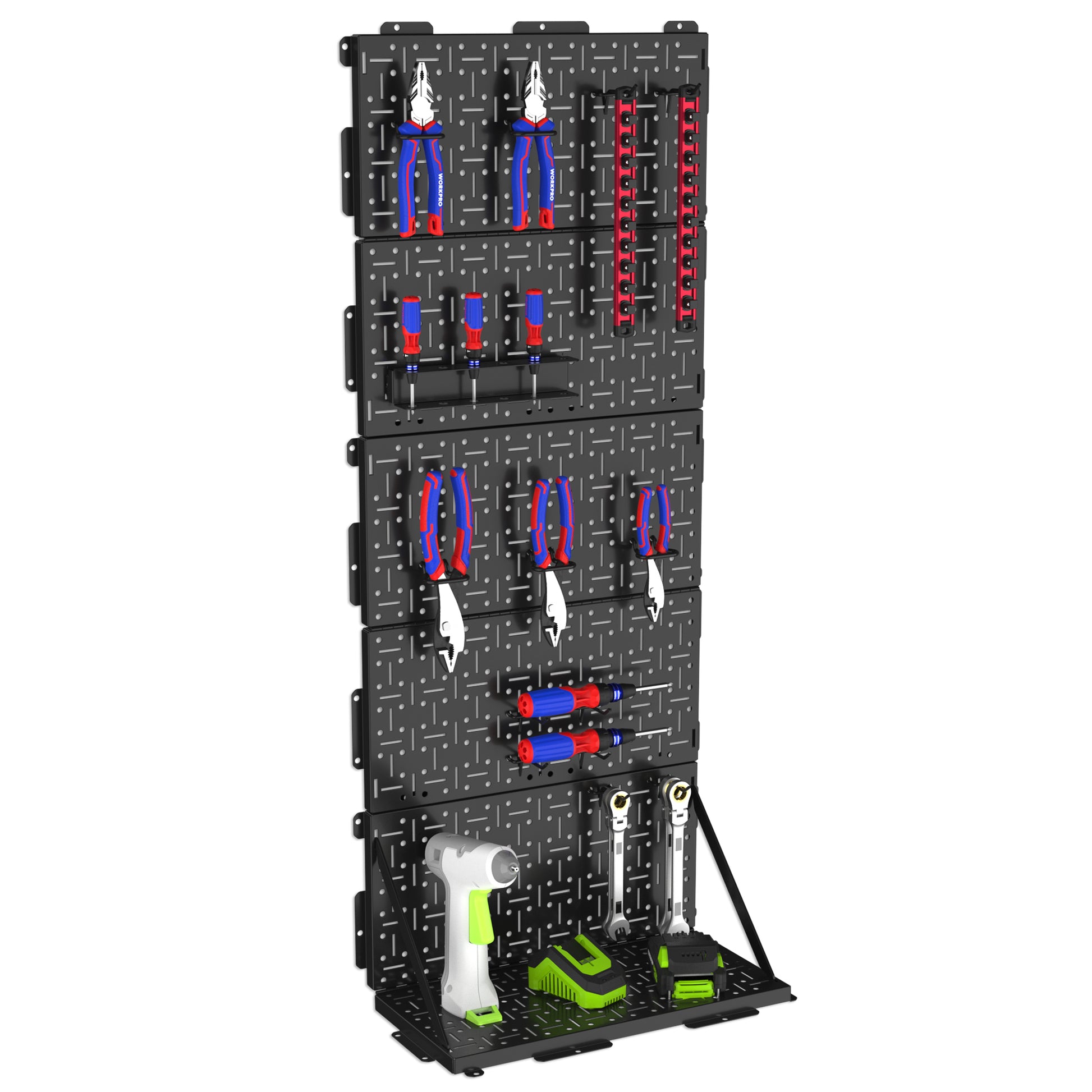Tool storage panel with pegboard holes holding red and blue screwdrivers and bits, showing innovation and quality