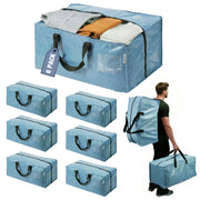 Six light blue packing/storage bags shown on a white background, with one large bag at the top filled with folded clothes, five smaller bags arranged below, and a man carrying one bag on his back and holding another at the bottom right.