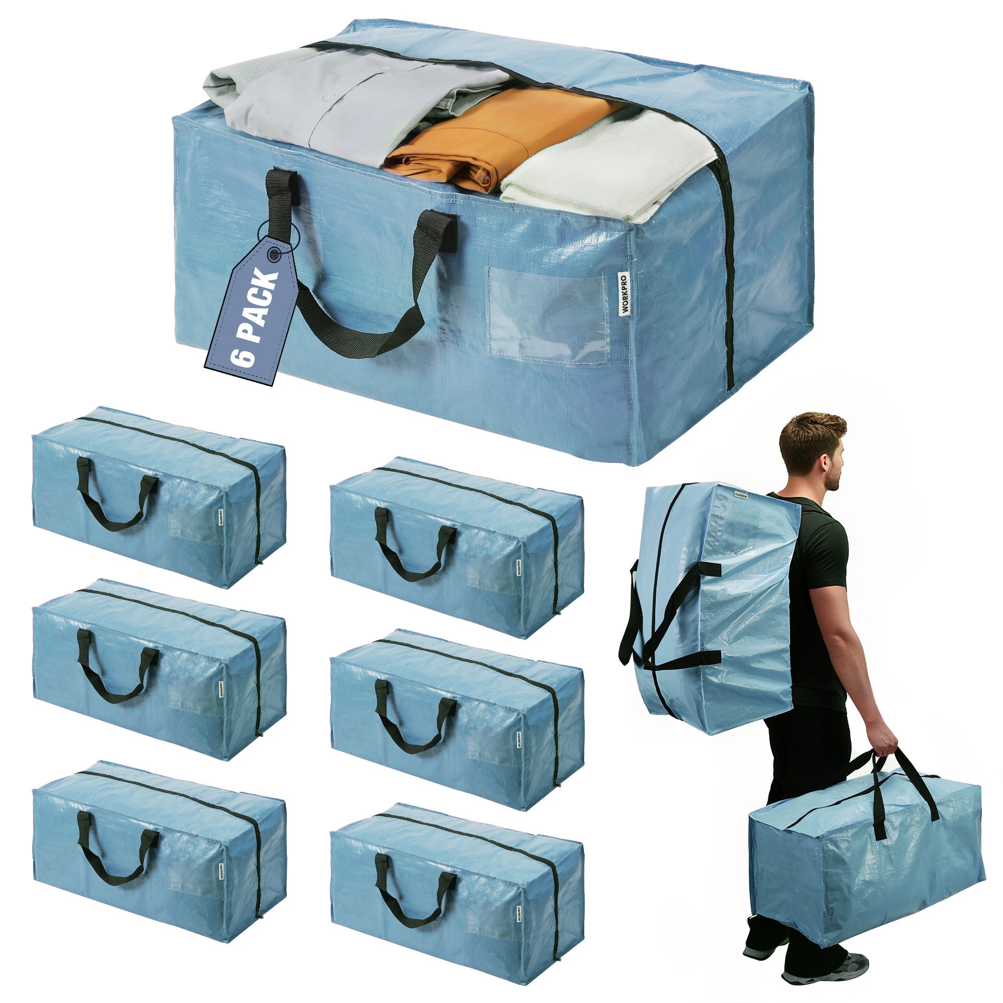 Six light blue packing/storage bags shown on a white background, with one large bag at the top filled with folded clothes, five smaller bags arranged below, and a man carrying one bag on his back and holding another at the bottom right.