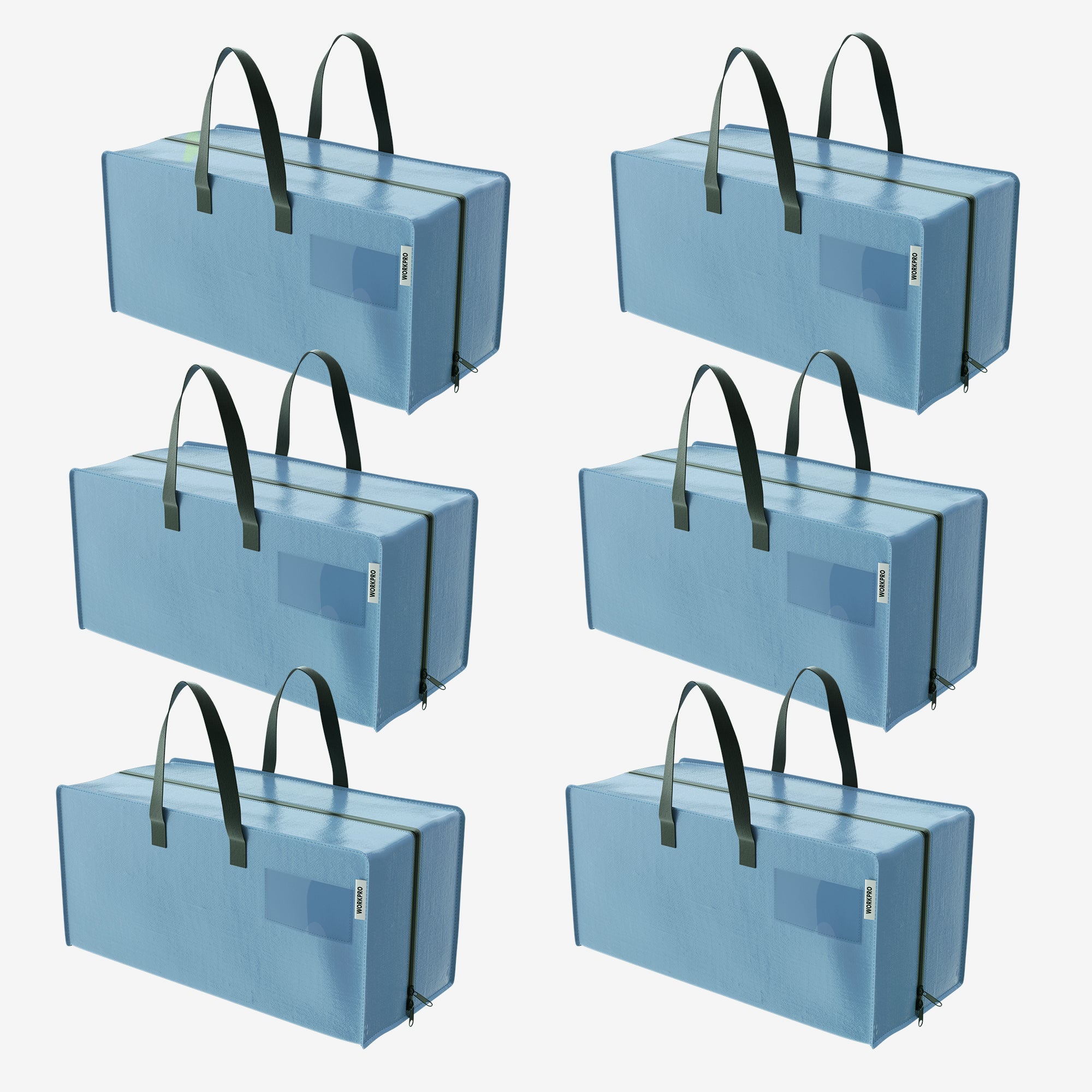 WORKPRO 6 Pack Extra Large Moving Bags in dusty blue with zippers and carry handles, durable quality innovation