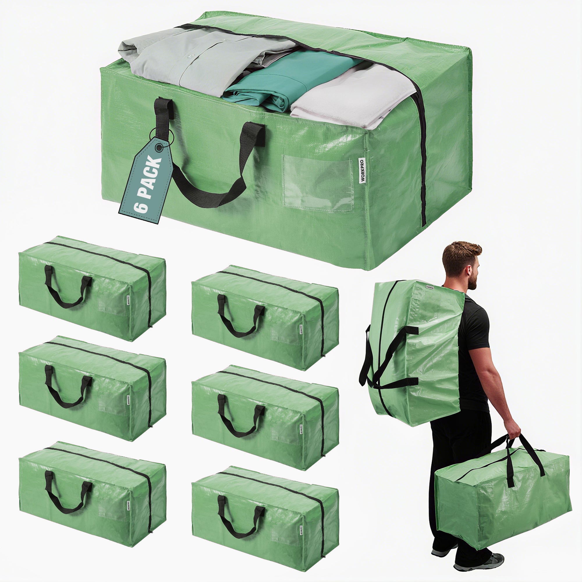 WORKPRO 6 Pack Extra Large Moving Bags with Zippers & Carrying Handles Backpack Straps, Heavy-Duty Storage Tote for Space Saving & Storage, Alternative to Moving Box (Green)
