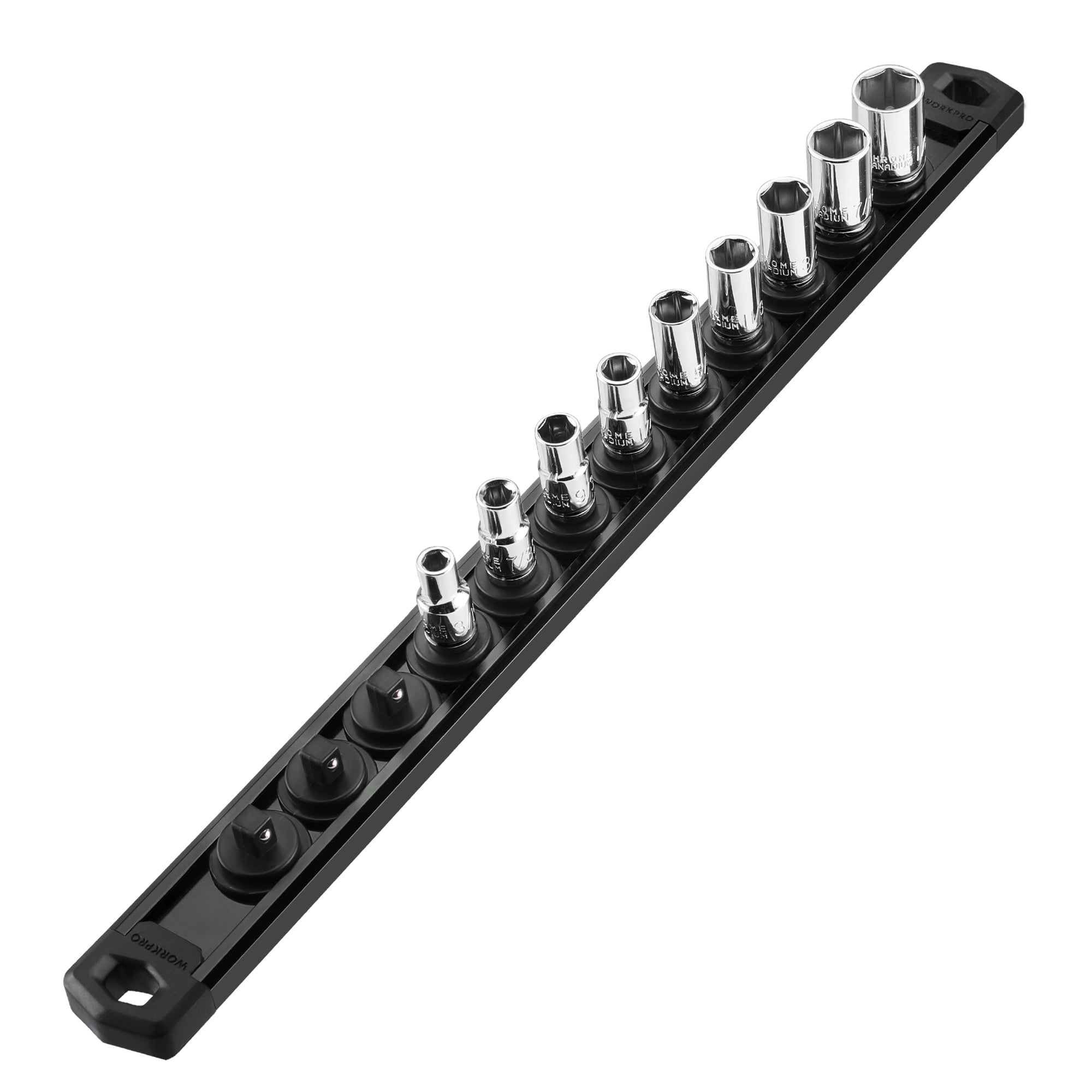WORKPRO Magnetic Socket Organizer, 1/4-Inch Drive Aluminum Alloy Socket Rail, Heavy Duty Socket Holder, Socket Rack Kit 1/4-Inch x 12 Clips Black (Socket not Included)