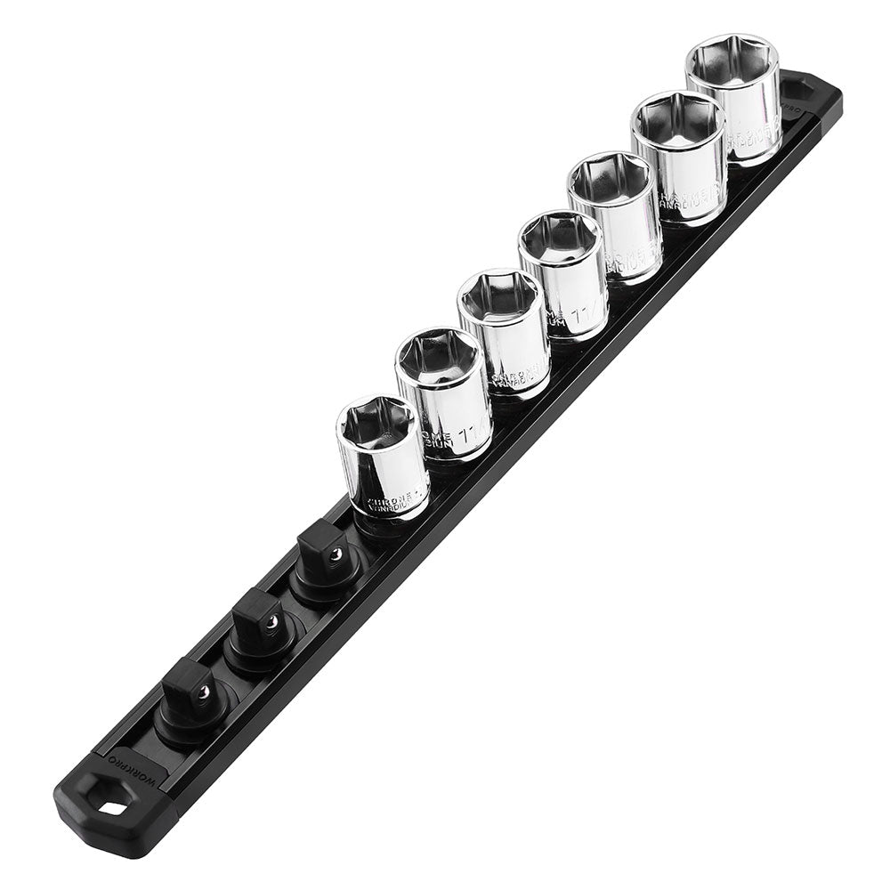 WORKPRO Magnetic Socket Organizer, 3/8-Inch Drive Aluminum Alloy Socket Rail, Heavy Duty Socket Holder, Socket Rack Kit 3/8-Inch x 10 Clips Black (Socket not Included)