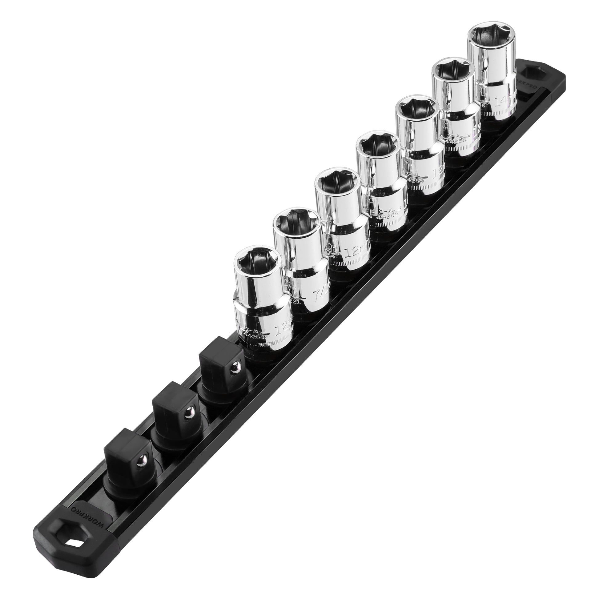A 10-piece socket set with shiny chrome sockets arranged in a black plastic tray, photographed on a plain white background.