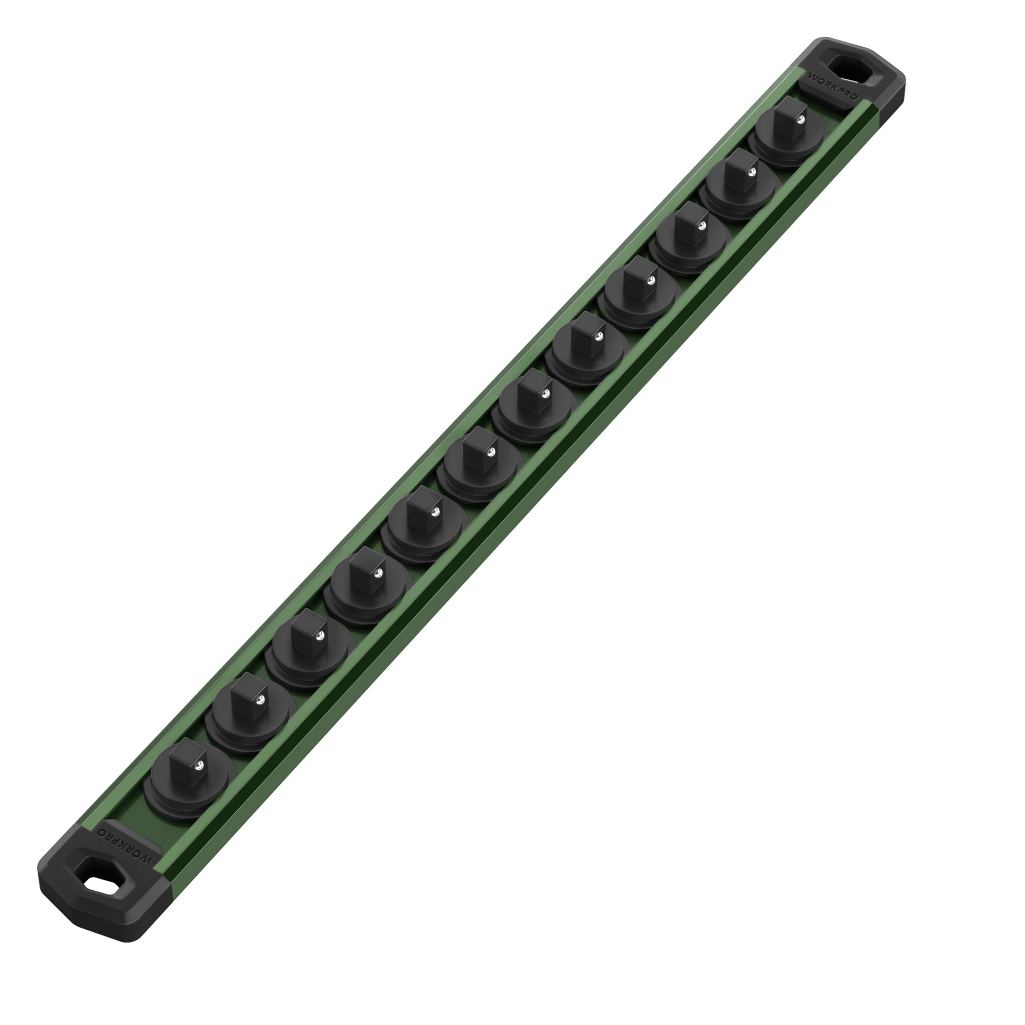 WORKPRO Magnetic Socket Organizer, 1/4-Inch Drive Aluminum Alloy Socket Rail, Heavy Duty Socket Holder, Socket Rack Kit 1/4-Inch x 12 Clips Green (Socket not Included)