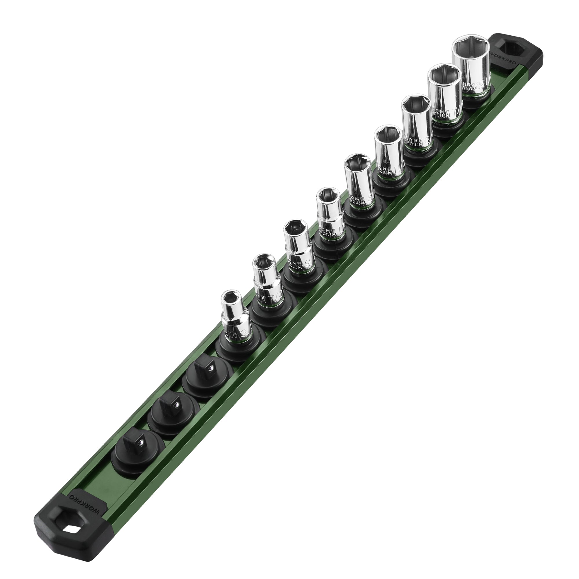 WORKPRO Magnetic Socket Organizer, 1/4-Inch Drive Aluminum Alloy Socket Rail, Heavy Duty Socket Holder, Socket Rack Kit 1/4-Inch x 12 Clips Green (Socket not Included)