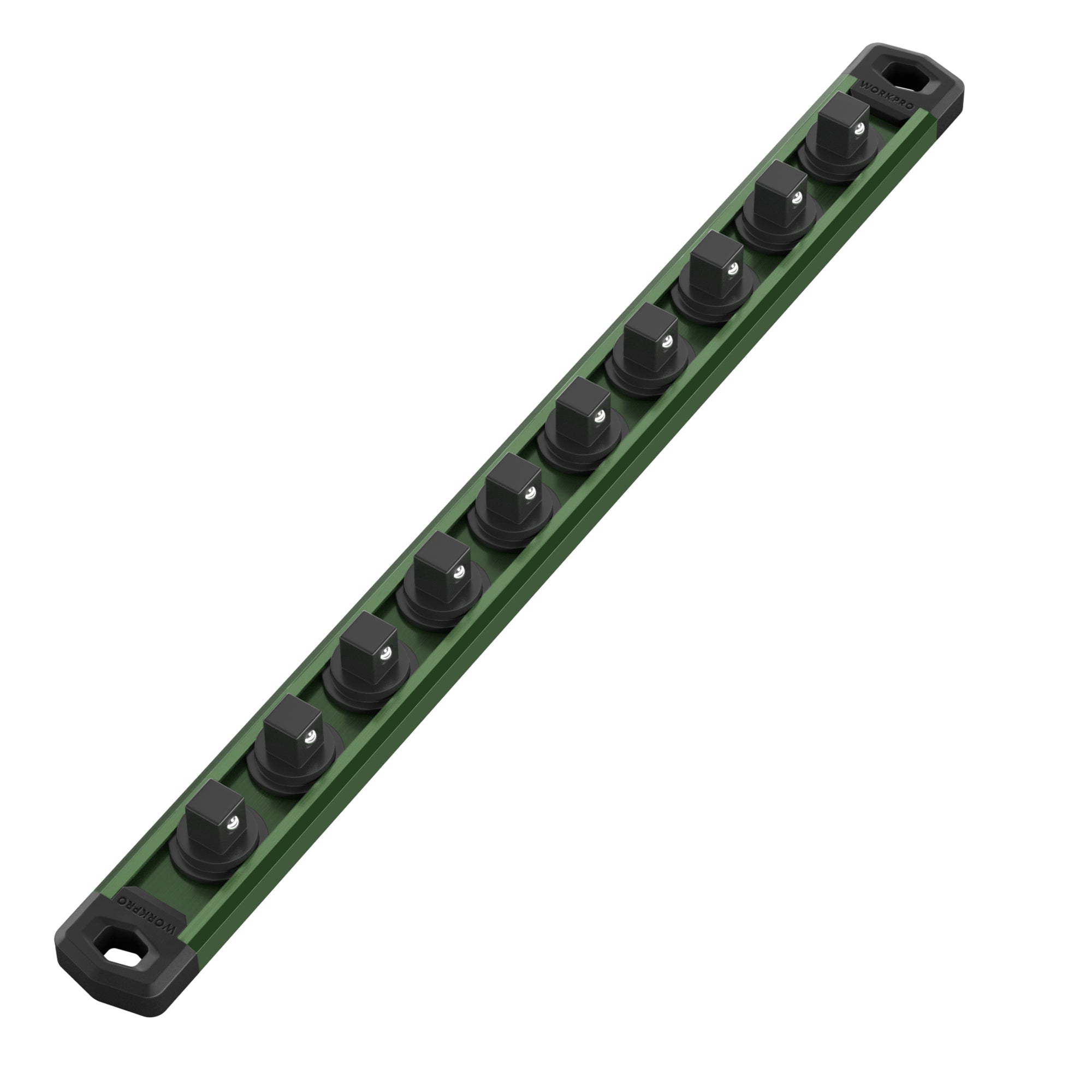WORKPRO Magnetic Socket Organizer, 3/8-Inch Drive Aluminum Alloy Sockets Rail, Heavy Duty Sockets Holder, Socket Rack Kit 3/8-Inch x 10 Clips Green (Socket not Included)