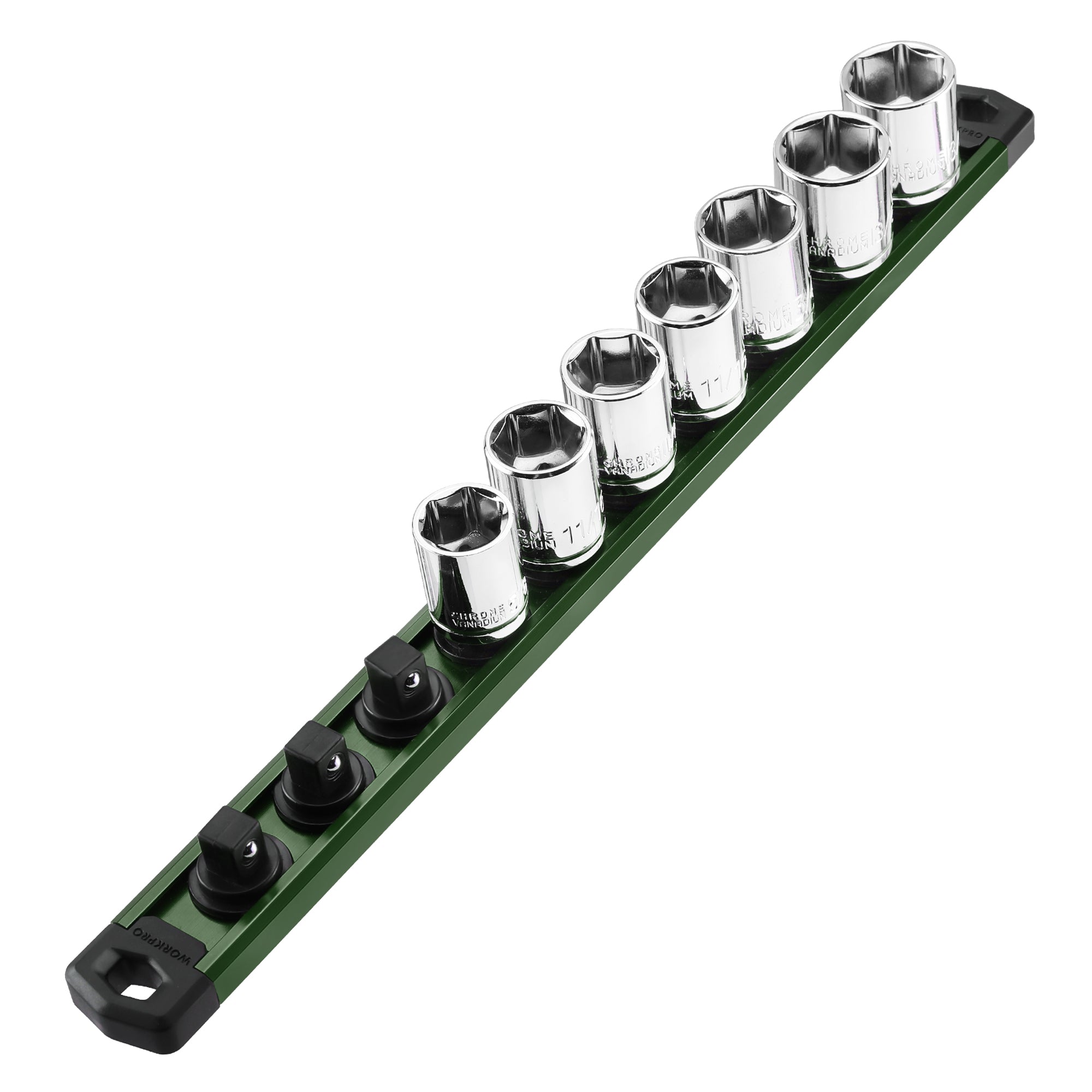 WORKPRO Magnetic Socket Organizer, 3/8-Inch Drive Aluminum Alloy Sockets Rail, Heavy Duty Sockets Holder, Socket Rack Kit 3/8-Inch x 10 Clips Green (Socket not Included)
