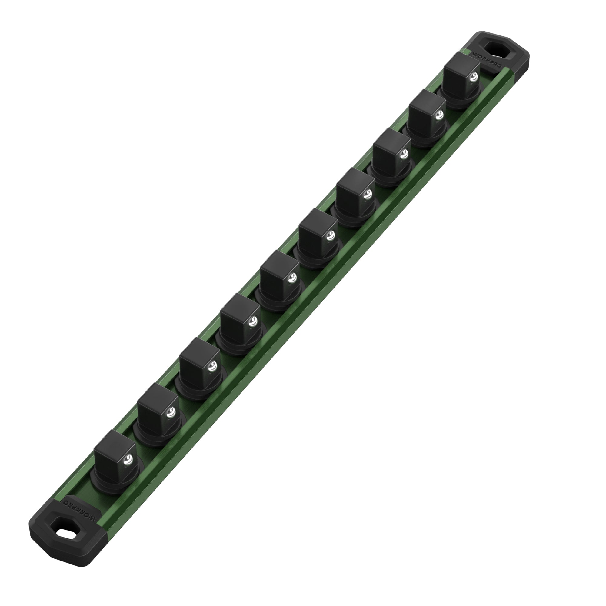 WORKPRO Magnetic Socket Organizer, 1/2-Inch Drive Aluminum Alloy Socket Rail, Heavy Duty Socket Holder, Socket Rack Kit 1/2-Inch x 10 Clips Green (Socket not Included)
