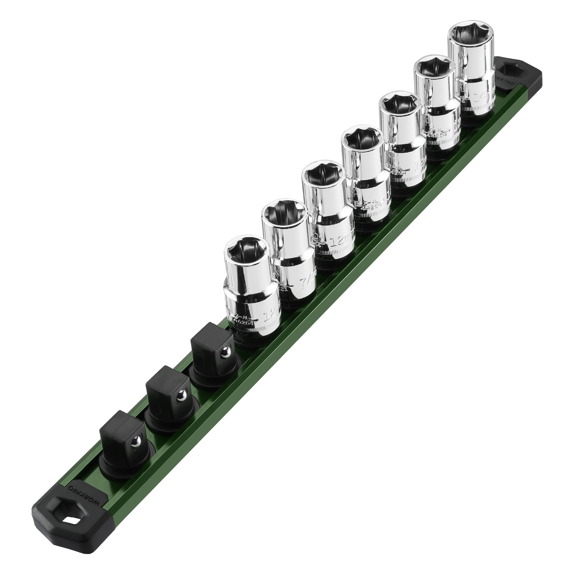 WORKPRO Magnetic Socket Organizer, 1/2-Inch Drive Aluminum Alloy Socket Rail, Heavy Duty Socket Holder, Socket Rack Kit 1/2-Inch x 10 Clips Green (Socket not Included)