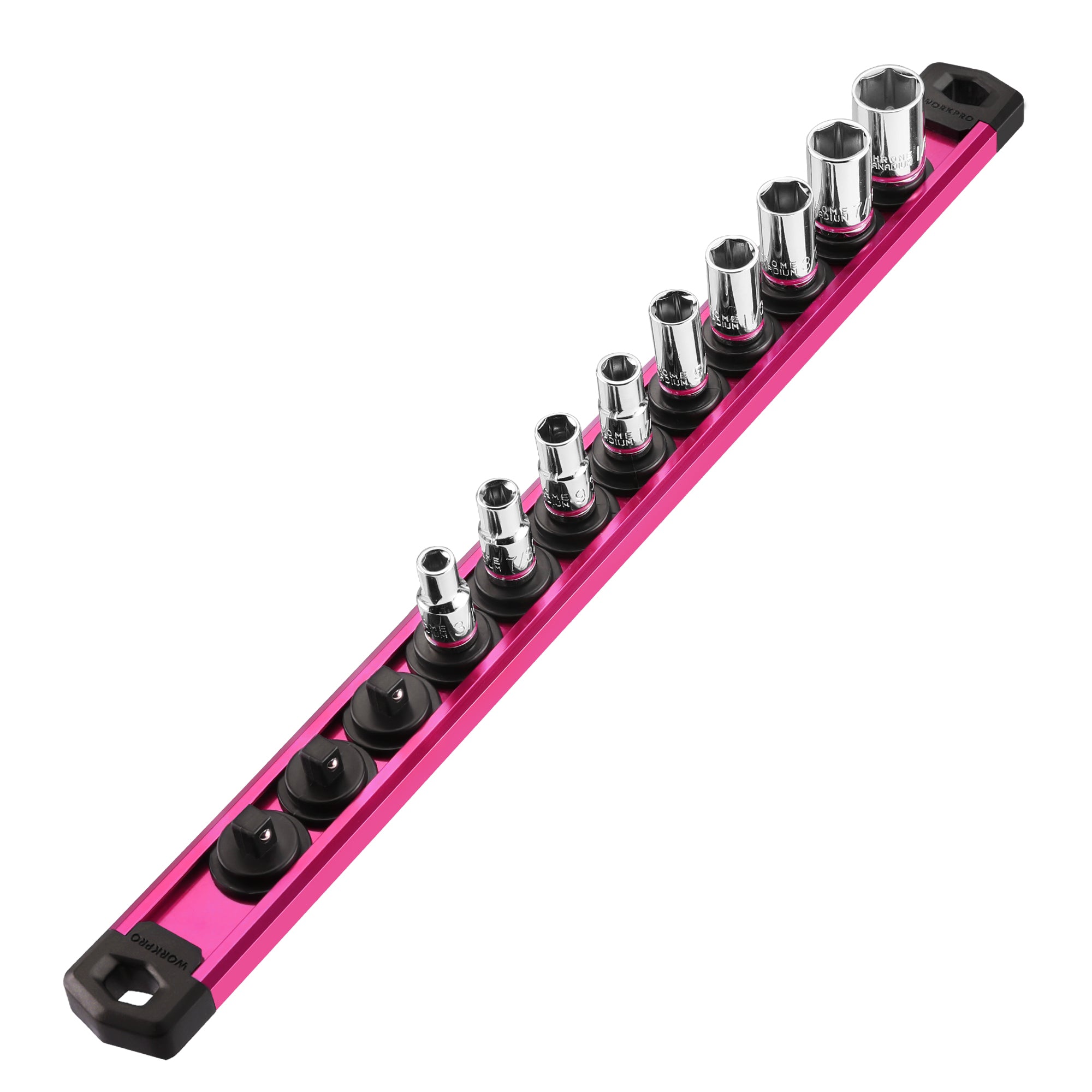 WORKPRO Magnetic Socket Organizer, 1/4-Inch Drive Aluminum Alloy Socket Rail, Heavy Duty Socket Holder, Socket Rack Kit 1/4-Inch x 12 Clips Rose Red (Socket not Included)