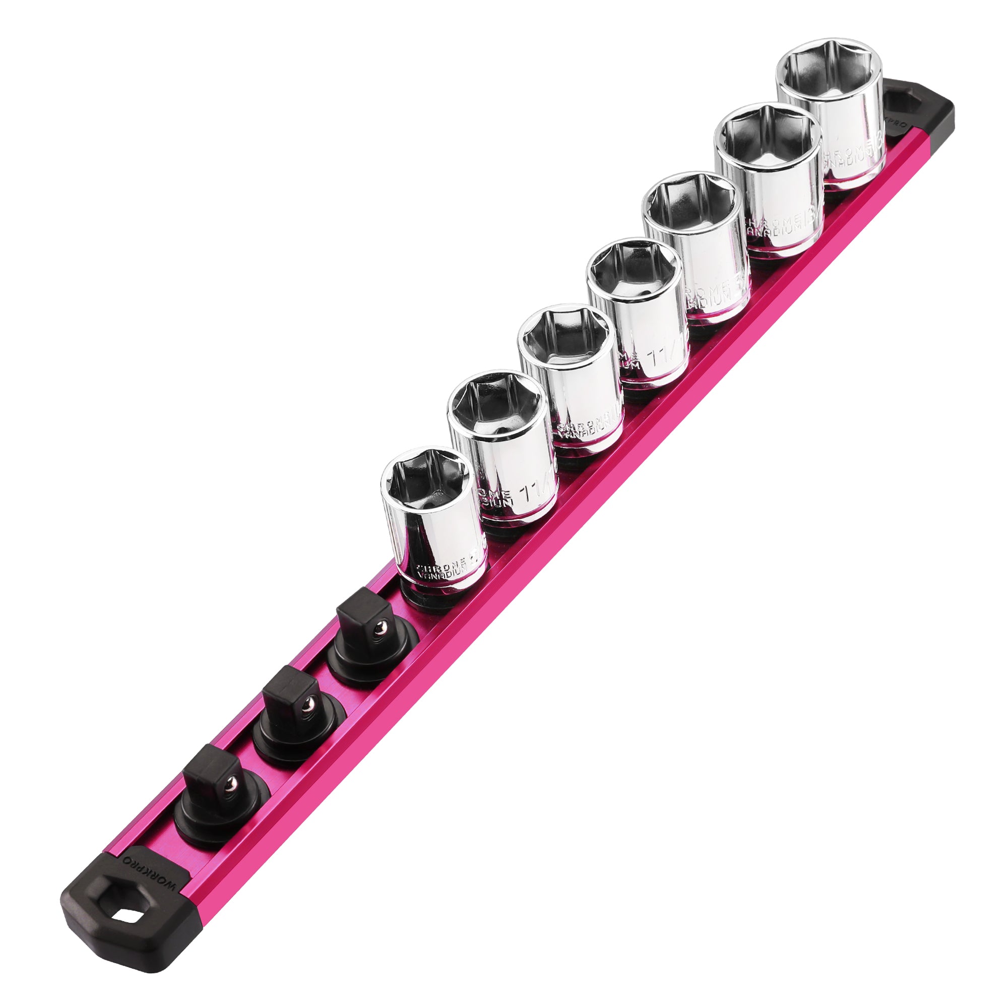 WORKPRO Magnetic Socket Organizer, 3/8-Inch Drive Aluminum Alloy Socket Rail, Heavy Duty Socket Holder, Socket Rack Kit 3/8-Inch x 10 Clips Rose Red (Socket not Included)